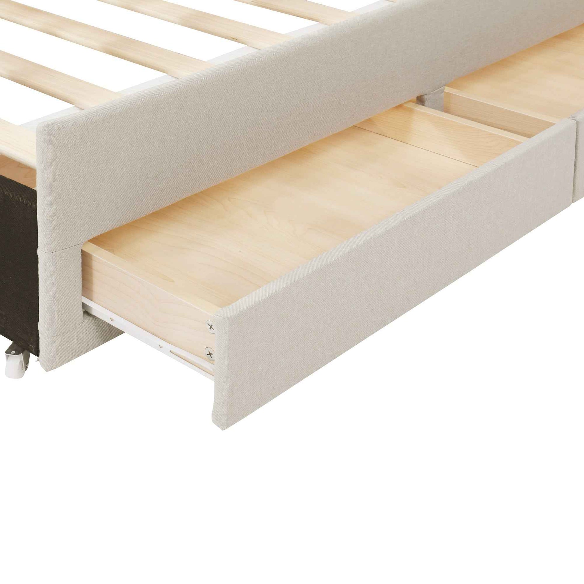Full Size Upholstered Platform Bed with Twin Size Trundle and 3 Drawers, Linen Fabric, Beige