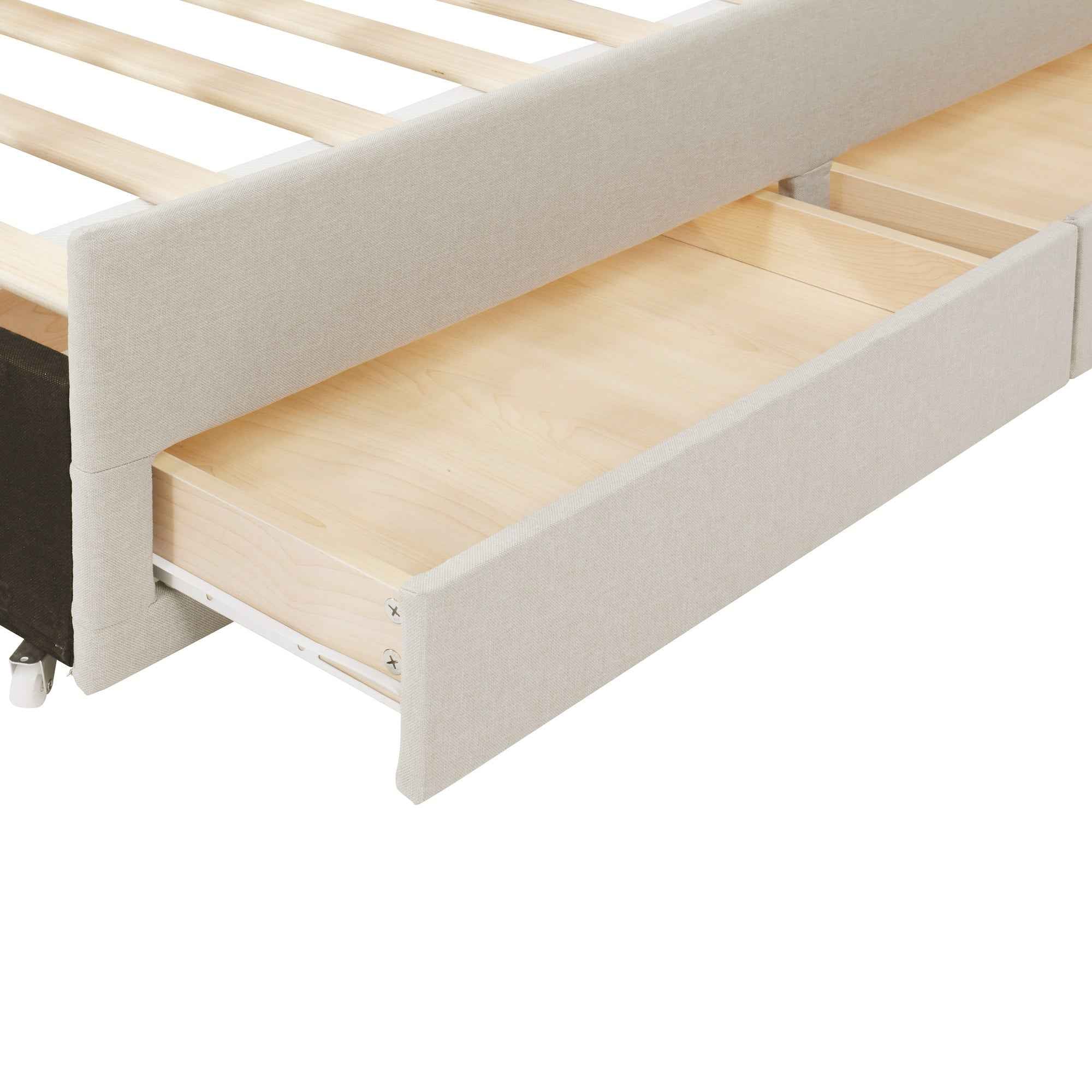 Full Size Upholstered Platform Bed with Twin Size Trundle and 3 Drawers, Linen Fabric, Beige