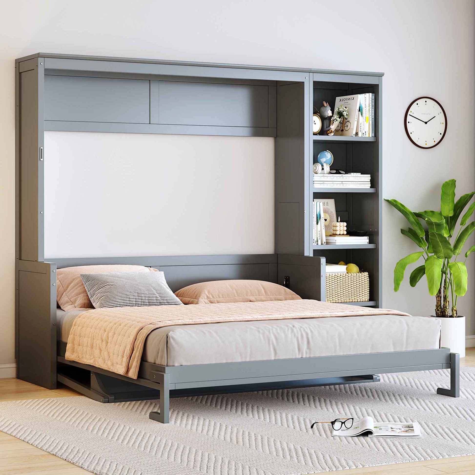 Gray Queen Size Murphy Bed with Desk and Bookshelf, Pine Wood + MDF, Space-Saving Design for Small Rooms