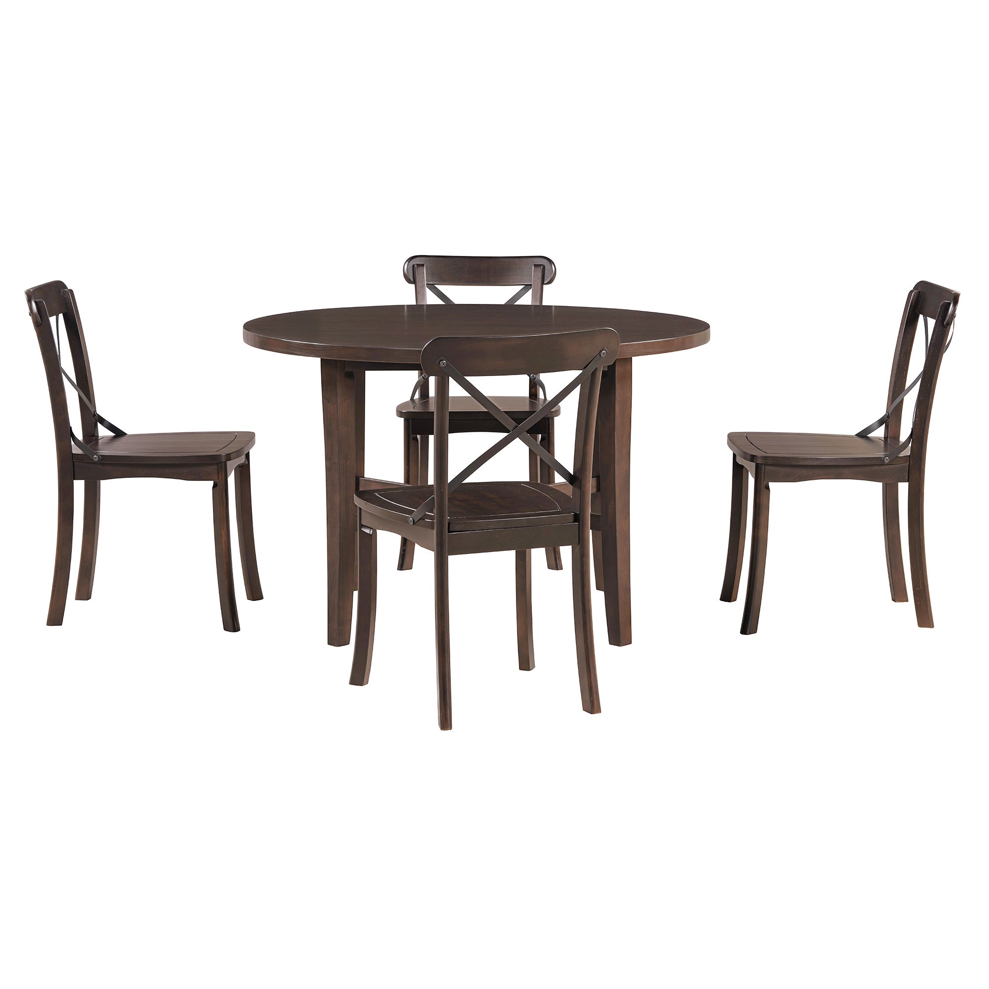 TREXM 5-piece Dining Set, Retro Simple Round Table and 4 Chairs with X-shaped Backrest for Kitchen, Dining Room and Living Room (Espresso)