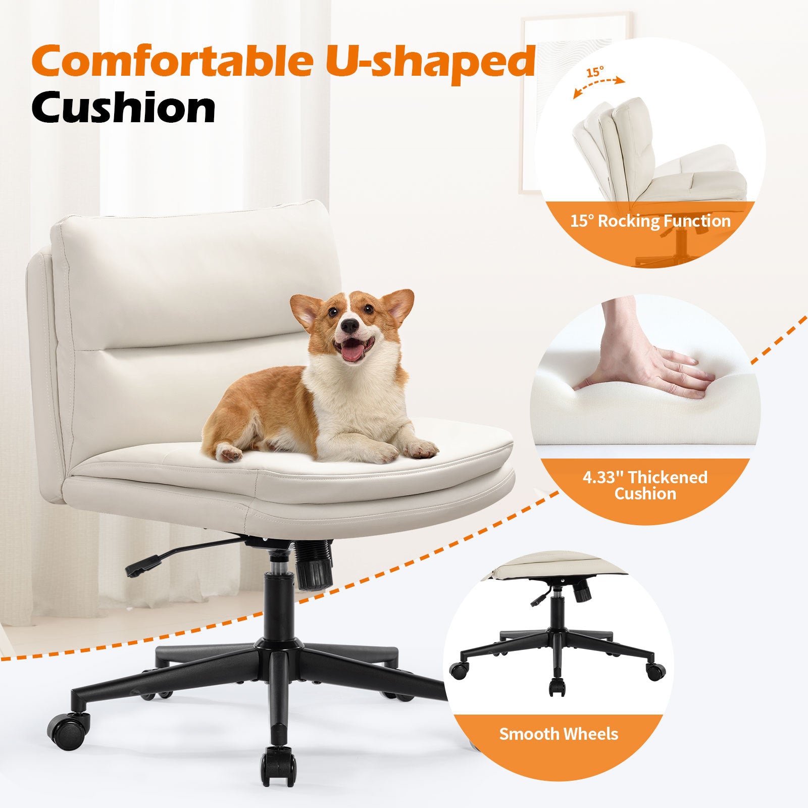 Office Chair Armless Desk Chair with Wheels, PU Padded Wide Seat Home Office Chairs, 120° Rocking Mid Back Cute Computer Chair for Bedroom, Vanity, Makeup