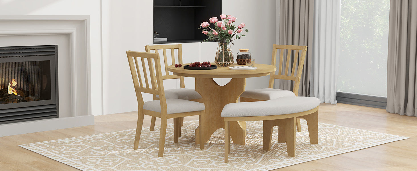 TREXM 5-piece Rustic Charm Round Dining Set with 3 Upholstered Chairs and Curved Bench for Dining Room, Kitchen and Living room (Natural)