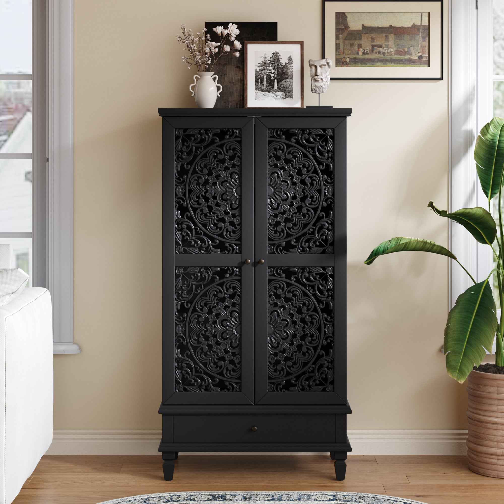 Rustic 55'' Tall Storage Cabinet with Drawer, Decorative 2-Door Carved Wood Accent Cabinet with Solid Wood Legs for Living Room, Hallway, Dining Room, Black