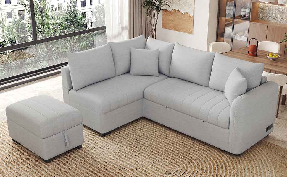 Modern L-shaped Sectional Pull Out Sofa Bed with USB Ports & Storage Ottoman, Gray Jacquard Fabric, 82.6'
