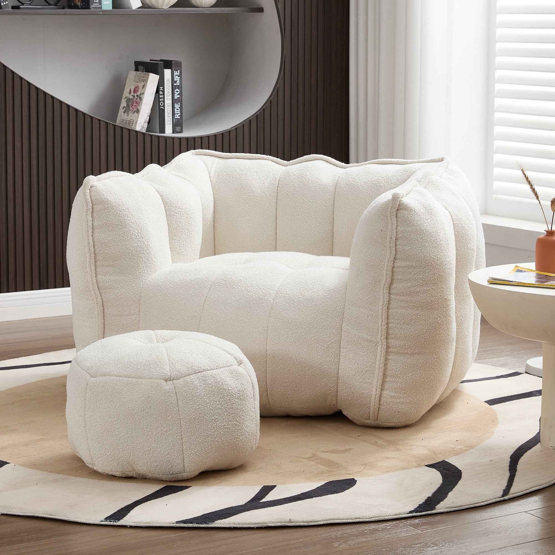 Soft Chenille Bean Bag Chair with High Resilient Foam for Living Room and Bedroom, Comfortable Square Lazy Sofa with Footstool for Adults