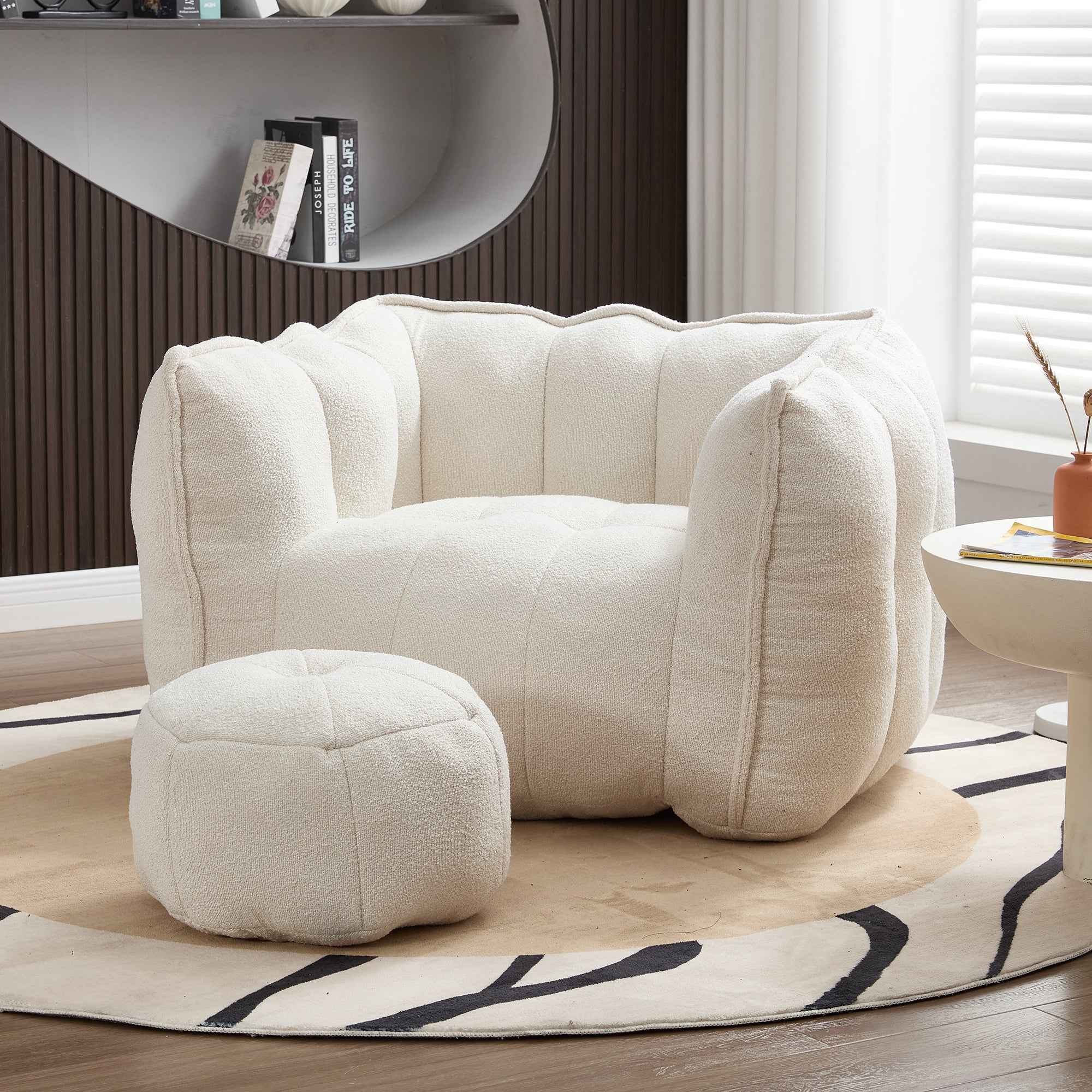 Soft Chenille Bean Bag Chair with High Resilient Foam for Living Room and Bedroom, Comfortable Square Lazy Sofa with Footstool for Adults