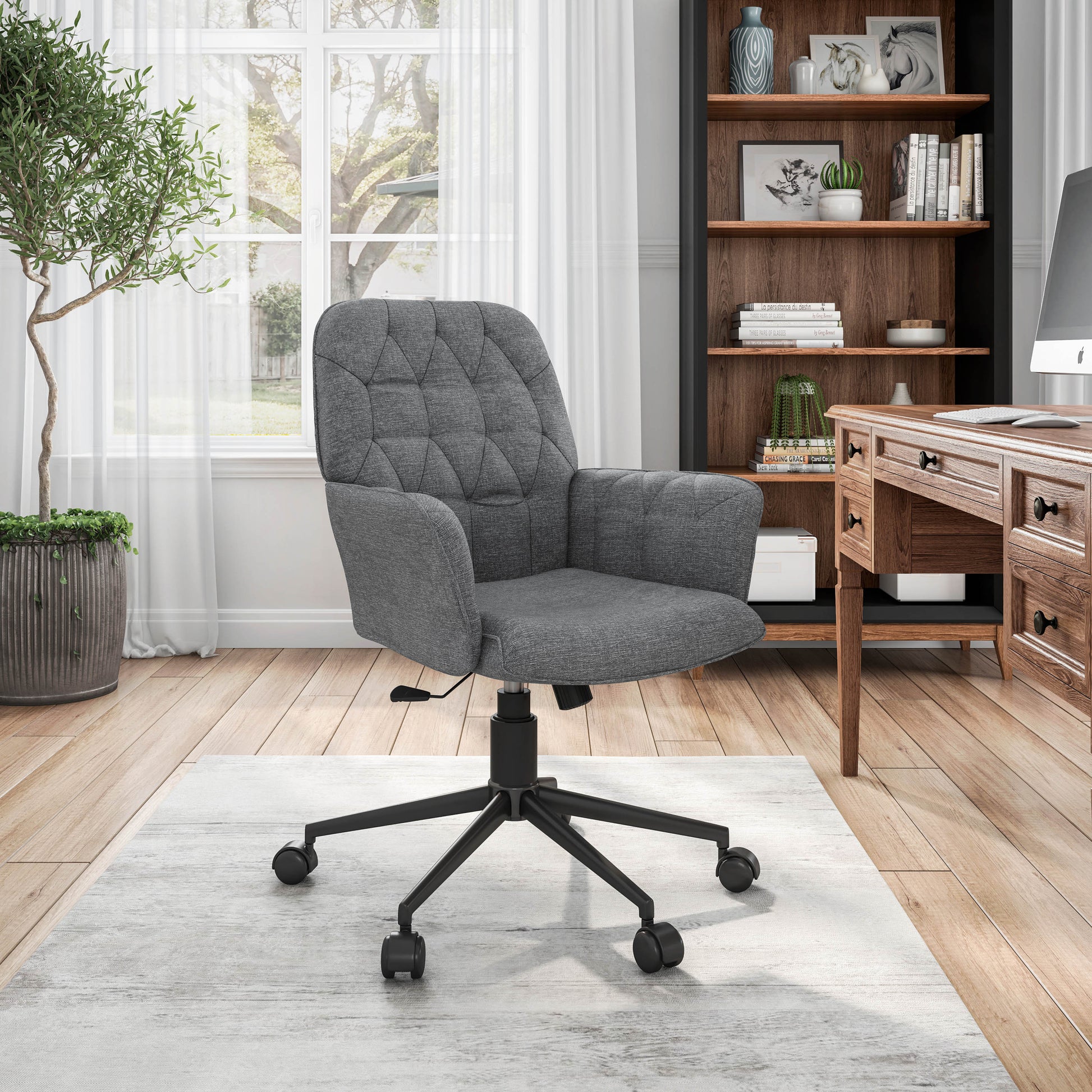 Techni Mobili Modern Upholstered Tufted Office Chair with Arms, Grey - Abrihome
