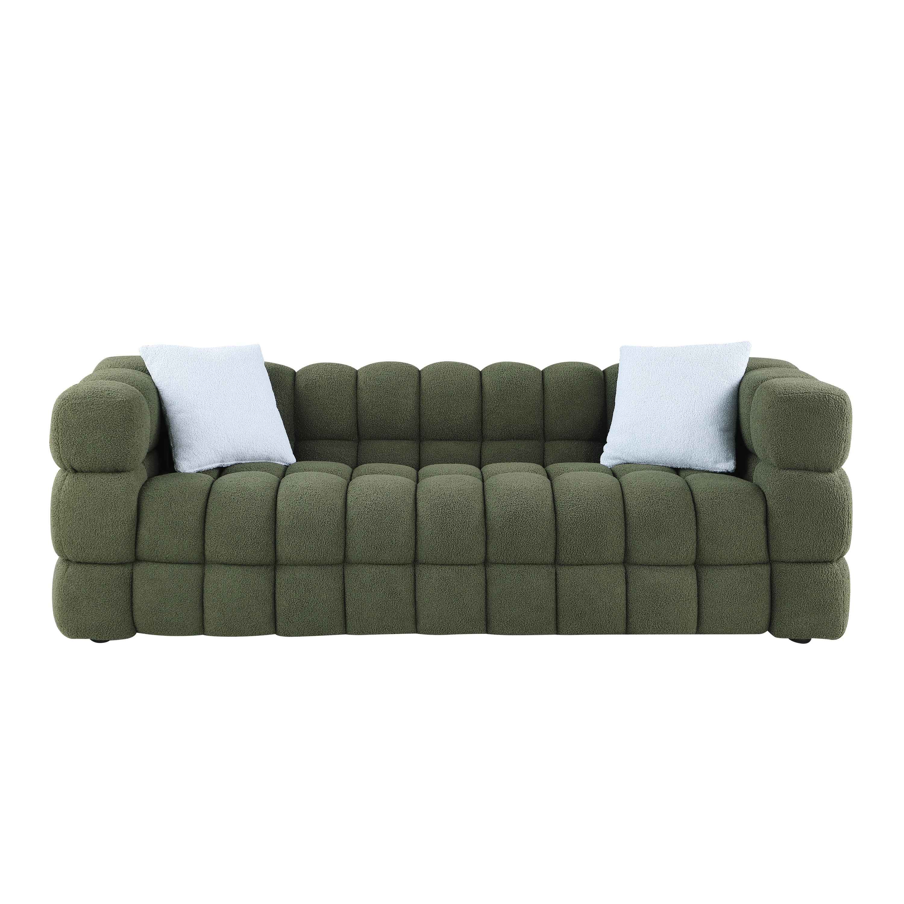 84.3 length ,35.83' deepth ,human body structure for USA people,  marshmallow sofa,boucle sofa ,3 seater, OLIVE GREEN BOUCLE