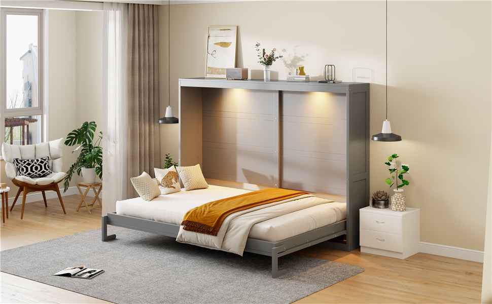 Queen Size Murphy Bed Wall Bed Modern design with LED Lights,Gray