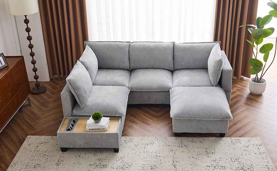 Modular 90' U-shaped Sectional Sofa with Movable Ottoman and Hidden Charging Coffee Table, Grey, Chenille