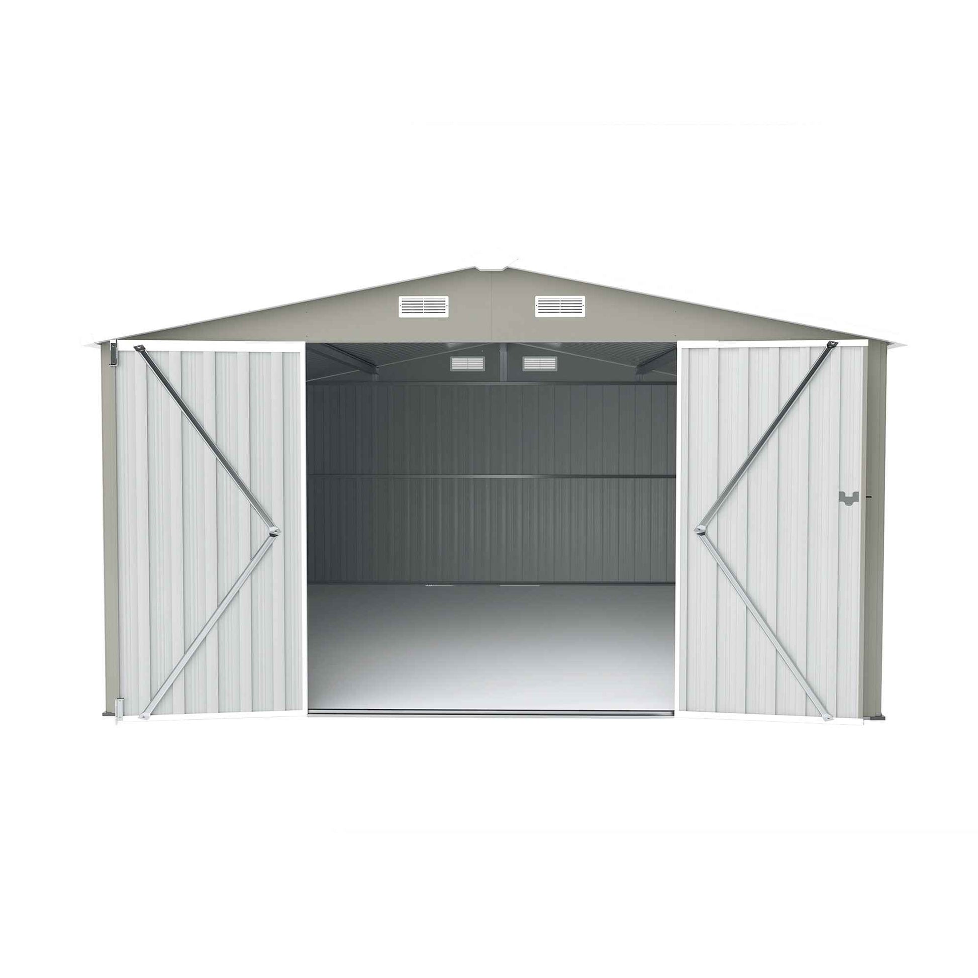 Campcraft  Outdoor Storage Shed 10×14 FT with 3 Lockable Doors,4 Air Vents & Sloped Roof,Utility Tool Shed Metal Storage Garden Sheds  Frame and 4 Vents,for Backyard,Patio,Lawn,Light Grey