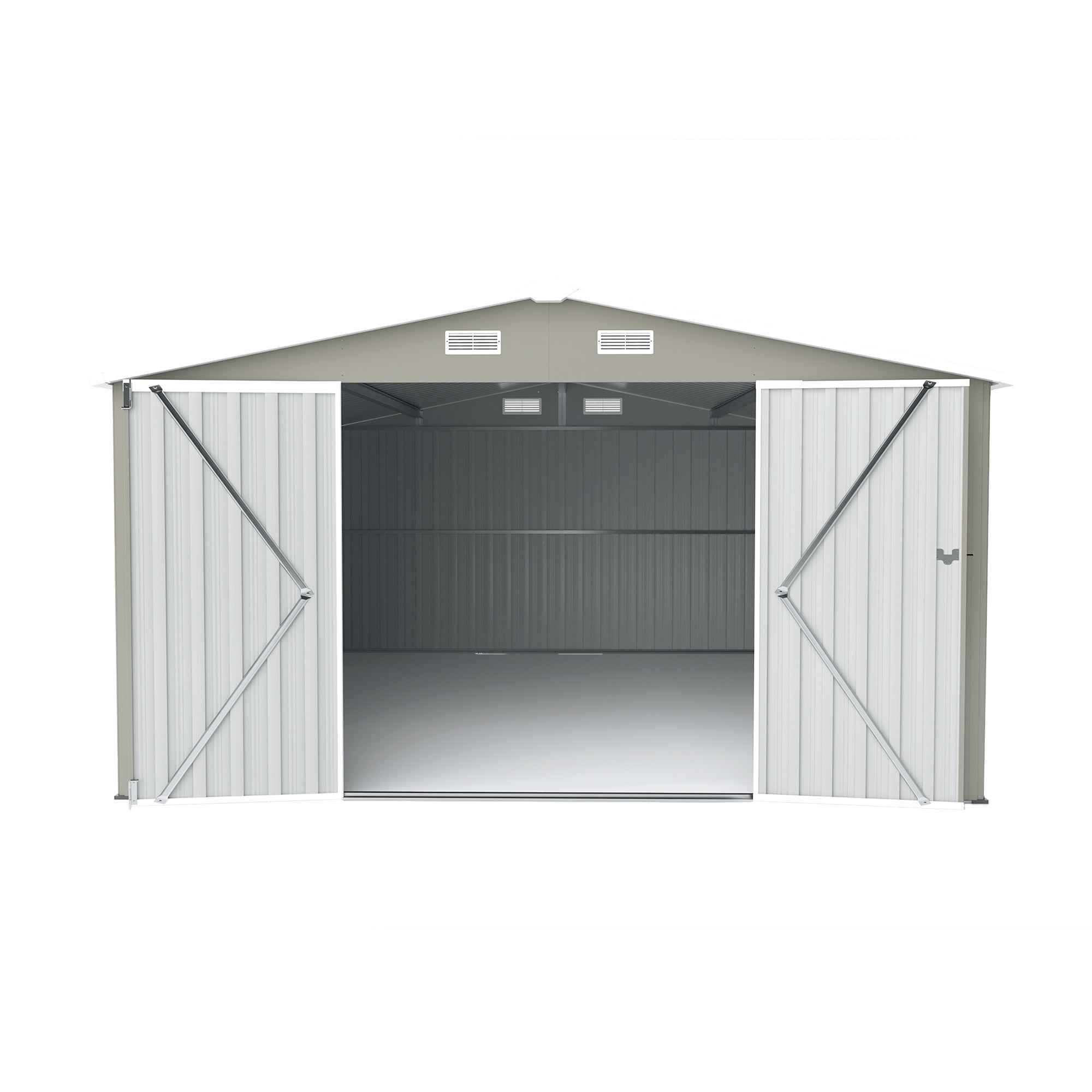 Campcraft  Outdoor Storage Shed 10×14 FT with 3 Lockable Doors,4 Air Vents & Sloped Roof,Utility Tool Shed Metal Storage Garden Sheds  Frame and 4 Vents,for Backyard,Patio,Lawn,Light Grey
