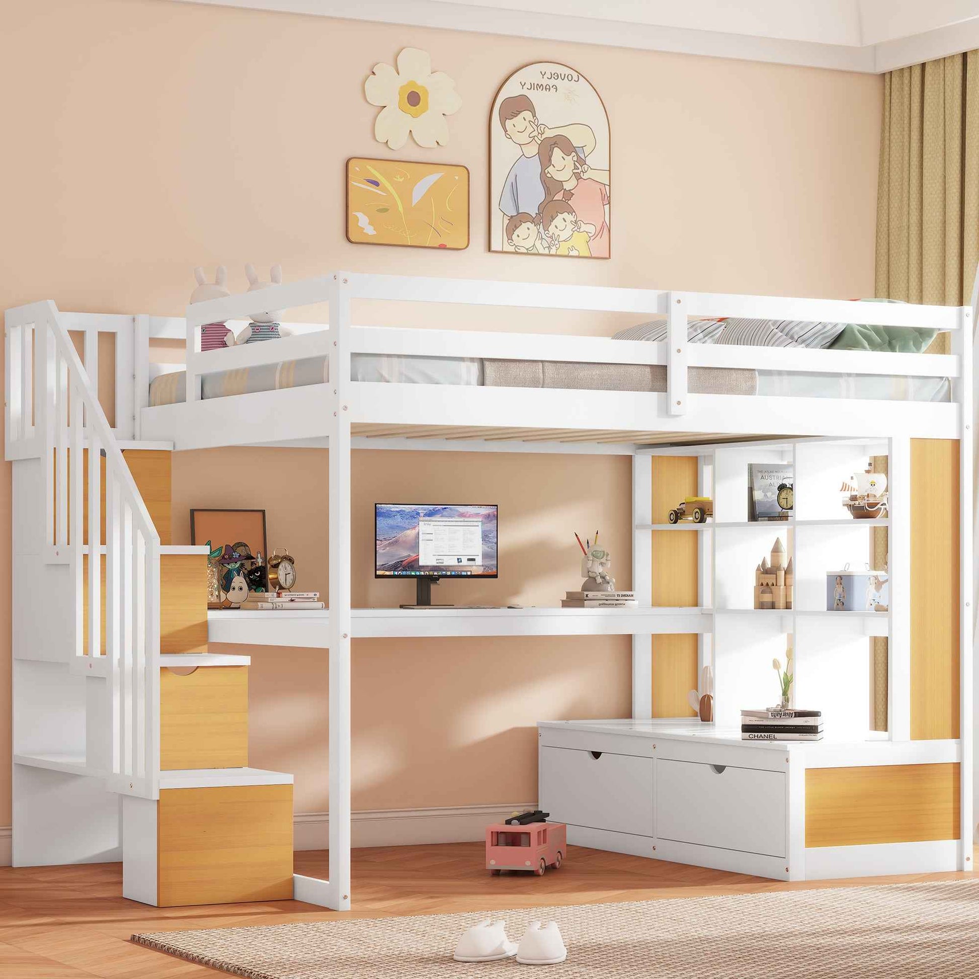 Full Size Loft Bed with Desk and Shelves, Two Built-in Drawers, Storage Staircase in White and Natural Finish, Solid Pine Wood and MDF Construction