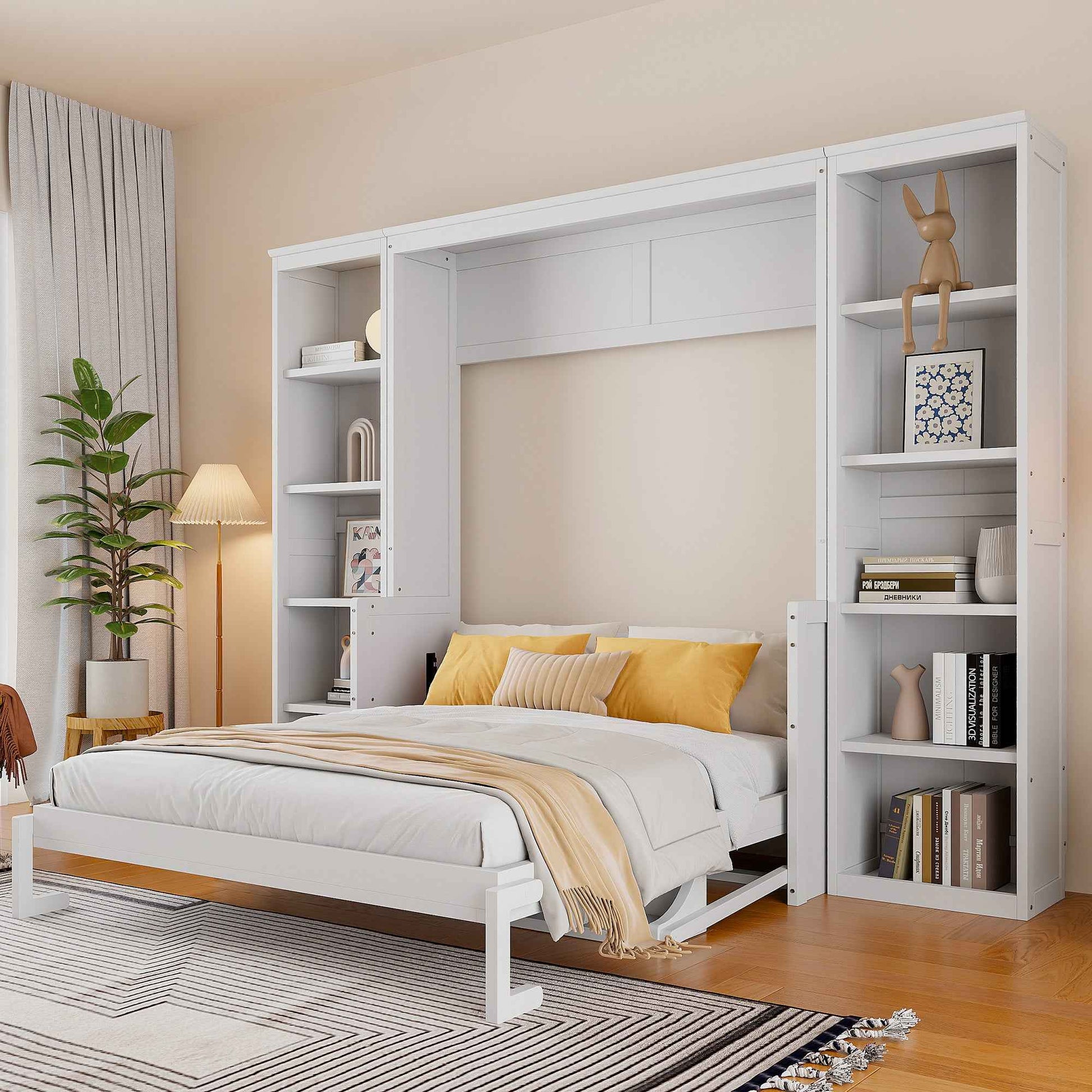 White Queen Size Murphy Bed with Desk and Bookshelf, Pine Wood + MDF, 116.9''L x 84.6''W x 86.8''H