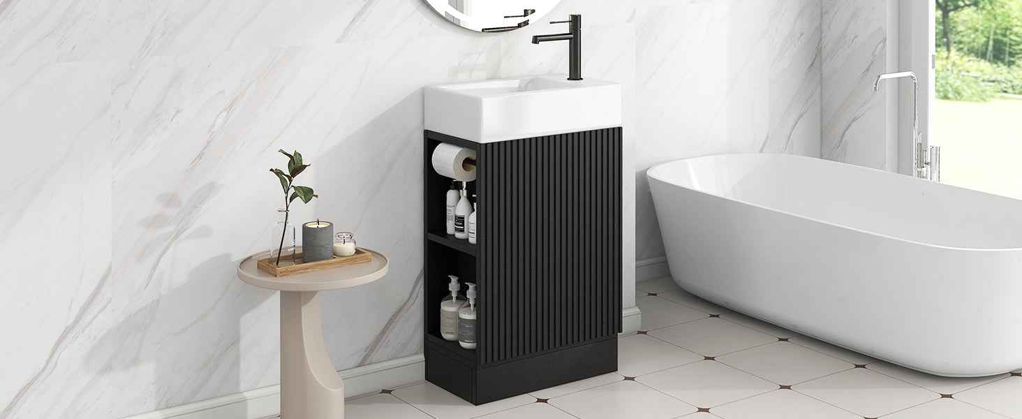 18.6' Bathroom Vanity with Sink, Bathroom Vanity Cabinet with Two-tier Shelf, Left or Right Orientation, Black (WF308491 New Color)
