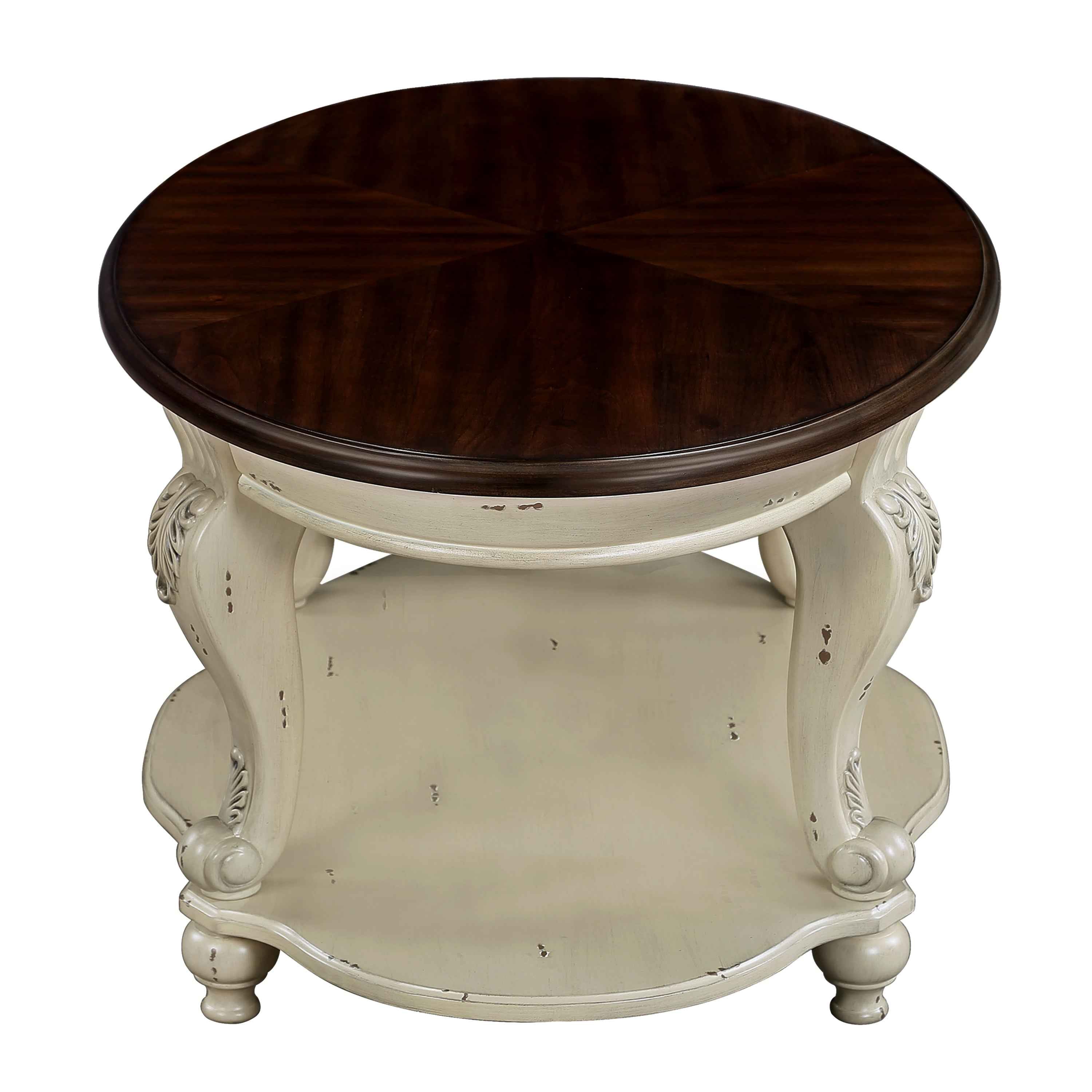 22'' Two Tone Round End Table,Solid Wood Sofa Side Table with Shelf,Living Room Corner Table Easy Assemble,Beige and Espresso Top