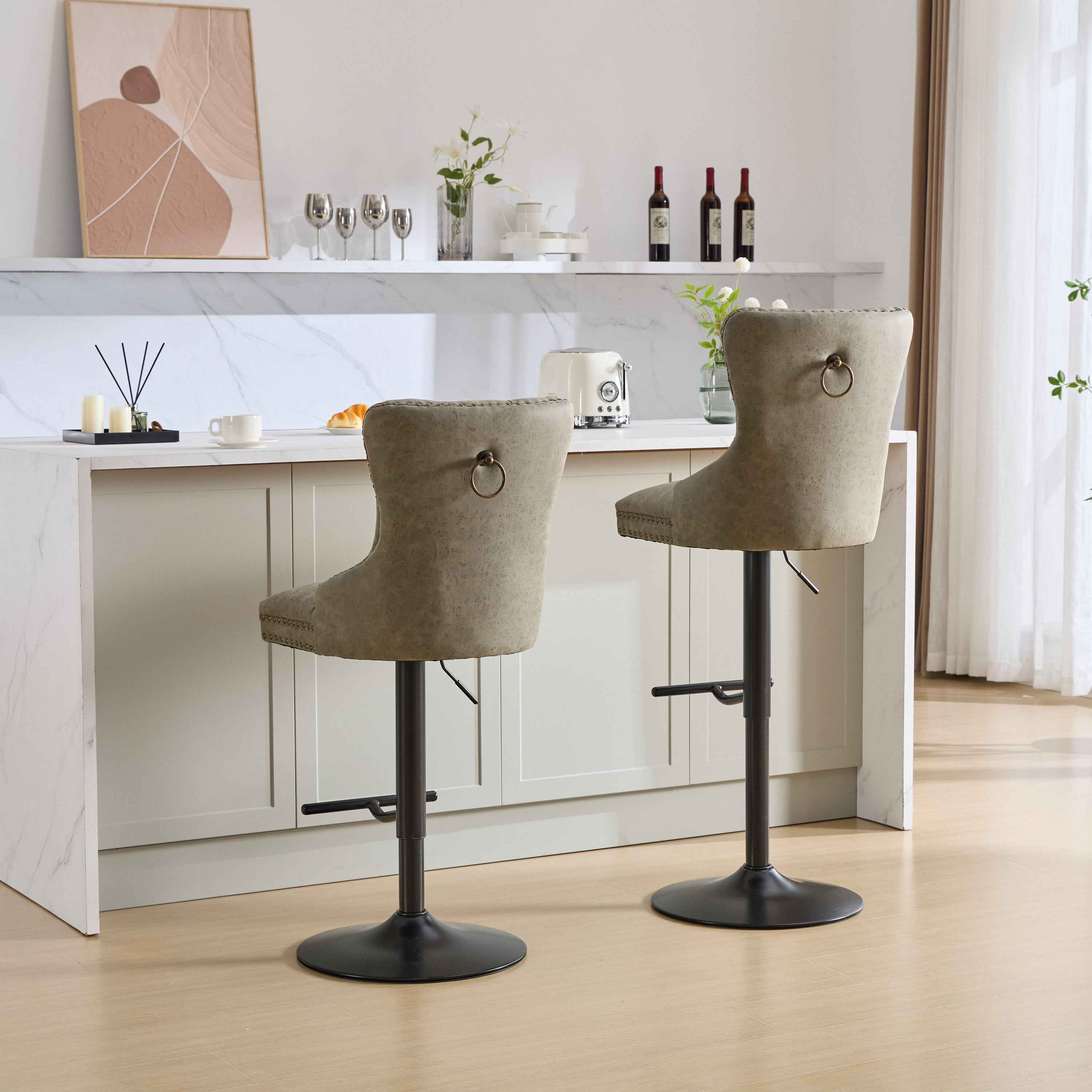 A&A Furniture,Aged and Retro PU Swivel Barstools Adjusatble Seat Height from 26-33 Inch, Modern Bar Stools with Backs Comfortable Tufted for Home Pub and Kitchen Island (Olive Green,Set of 2)