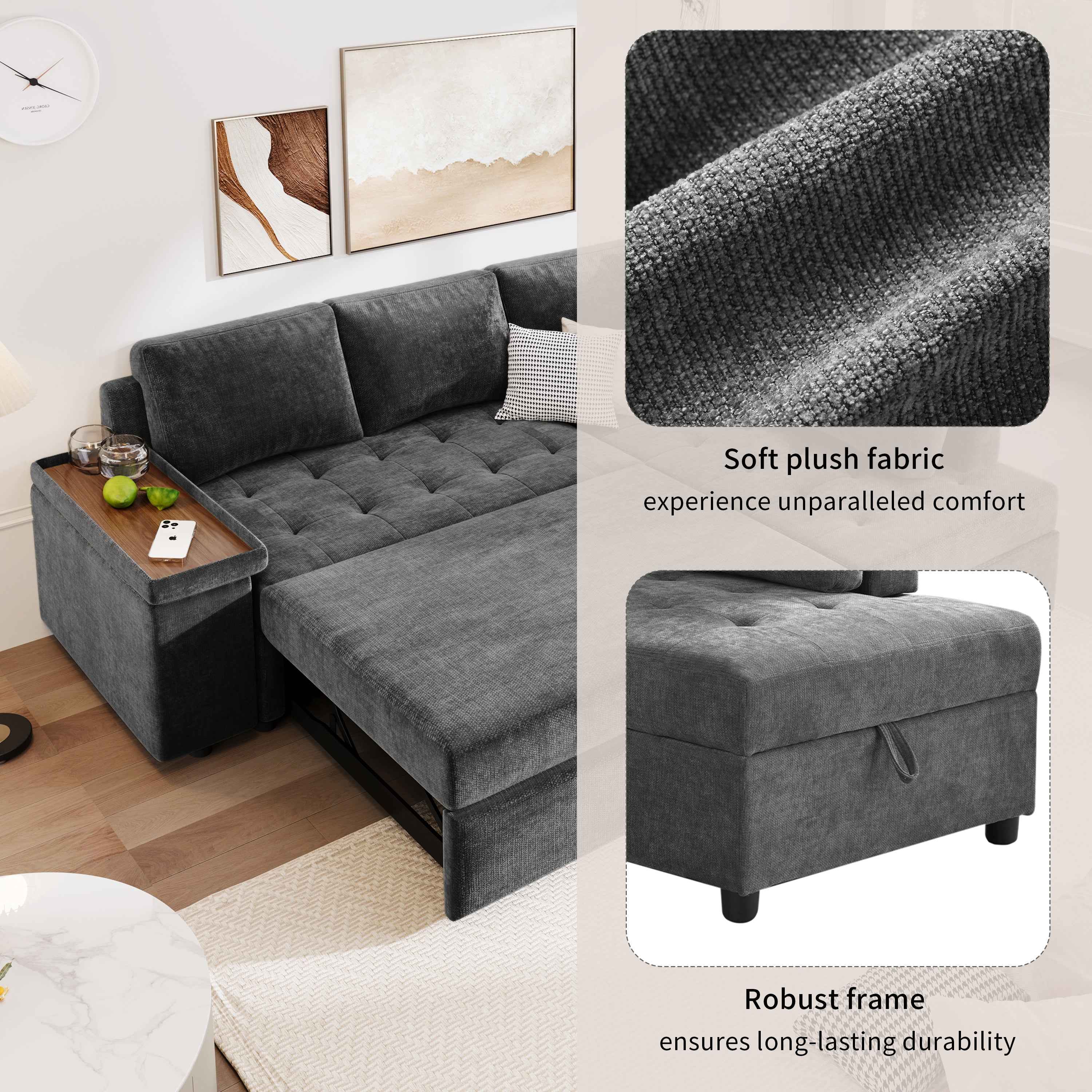 Mirod 91.5-Inch L Shaped Couch with Pull Out Bed and Storage Sectional Sleeper Sofa with Hidden Storage , Wide Armrest with storage,for Living Room, Apartment, Bedroom, Office