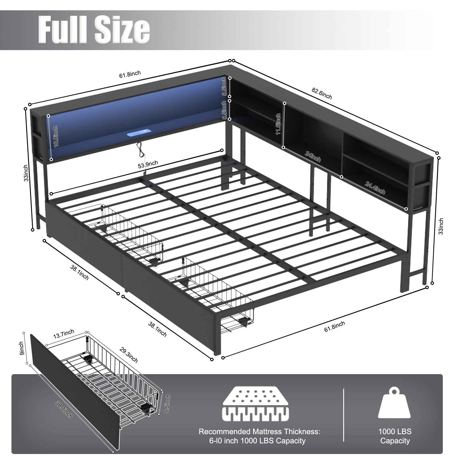 Full Corner Daybed with Storage, Bookcase Headboard, LED Light & Built-in Charging Station