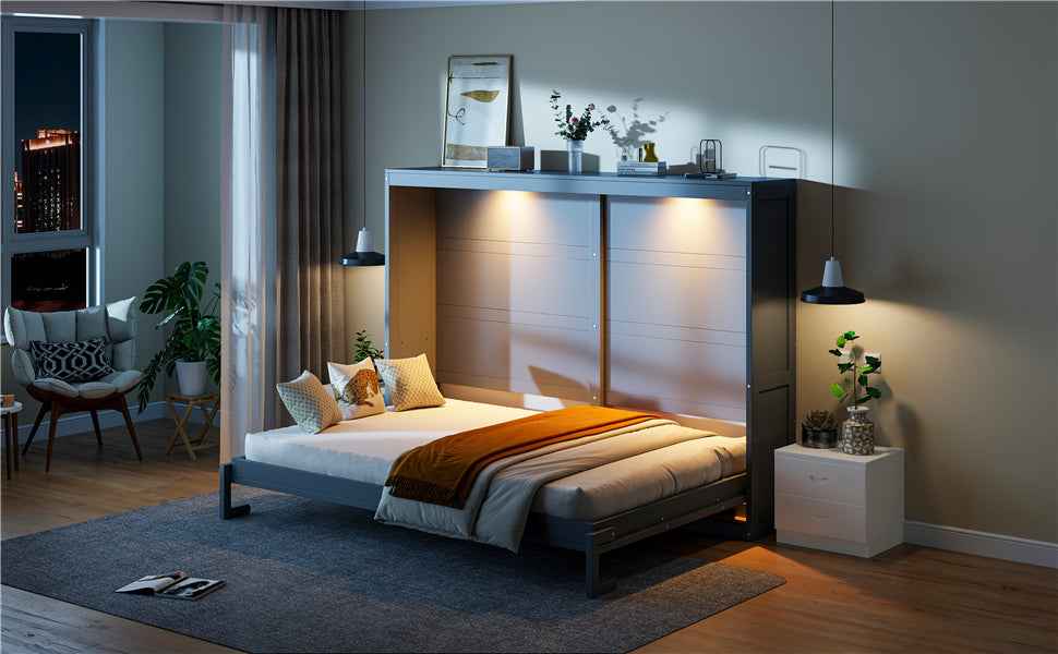 Queen Size Murphy Bed Wall Bed Modern design with LED Lights,Gray