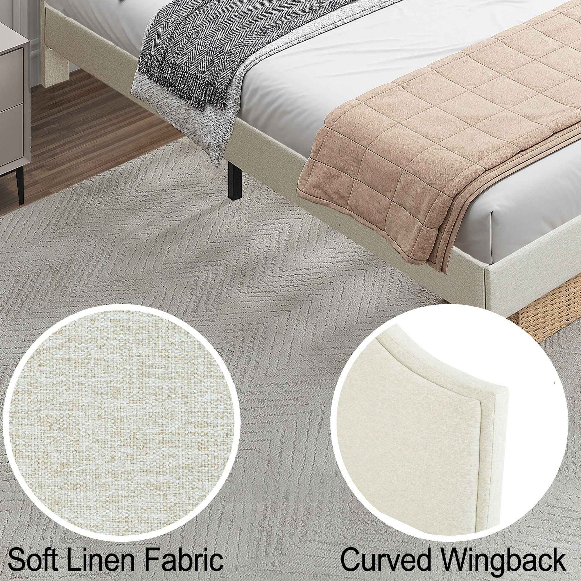 Queen Size Bed Frame Upholstered Platform Bed with Adjustable Headboard,Linen Fabric Padded,Modern Simple Style Platform Bed No Box Spring Needed, Easy Assembly, Beige