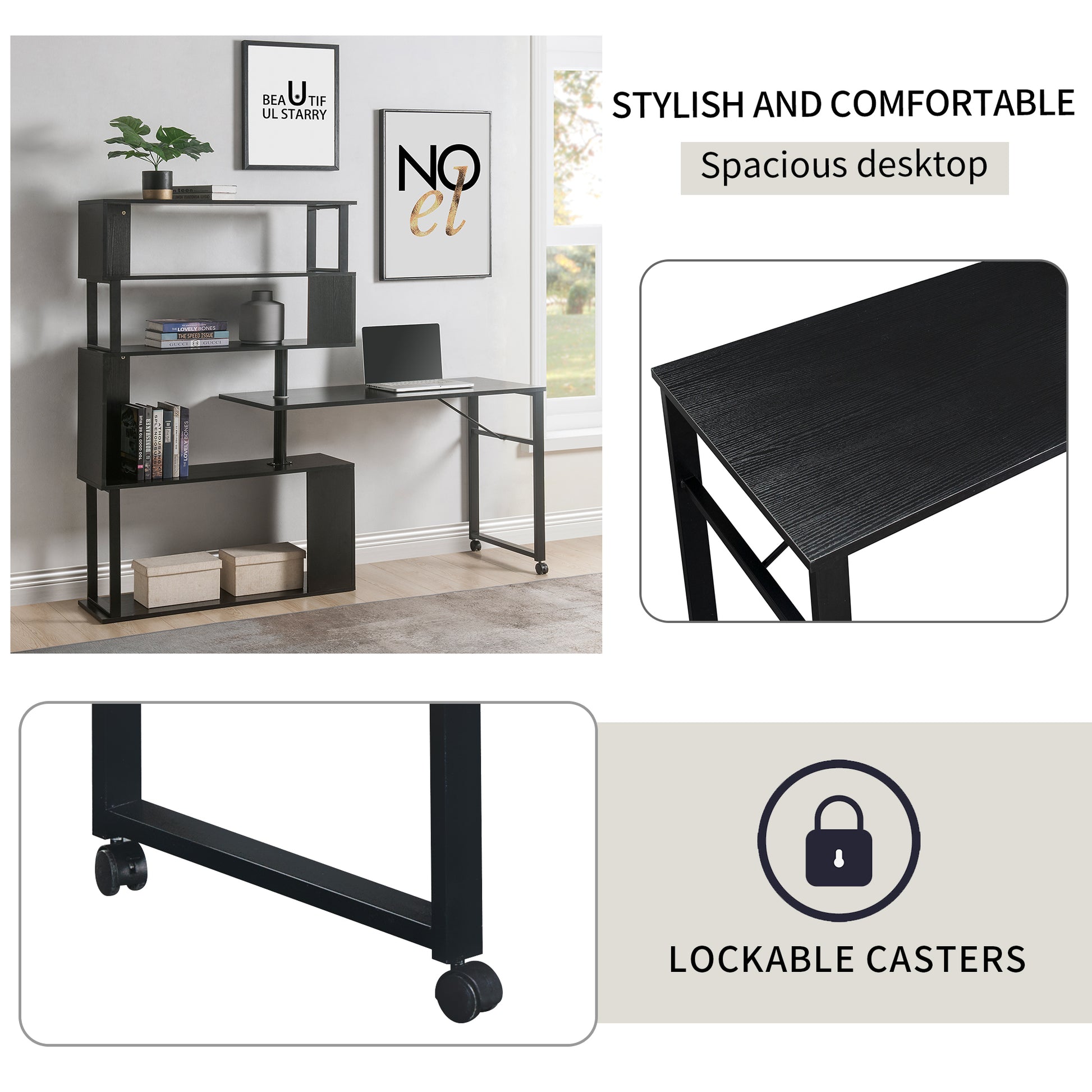 Home Office Computer Desk L-Shaped Corner Table, Rotating Computer Table with 5-Tier Bookshelf, Four Installation Methods, Lockable Casters (Black) - Abrihome