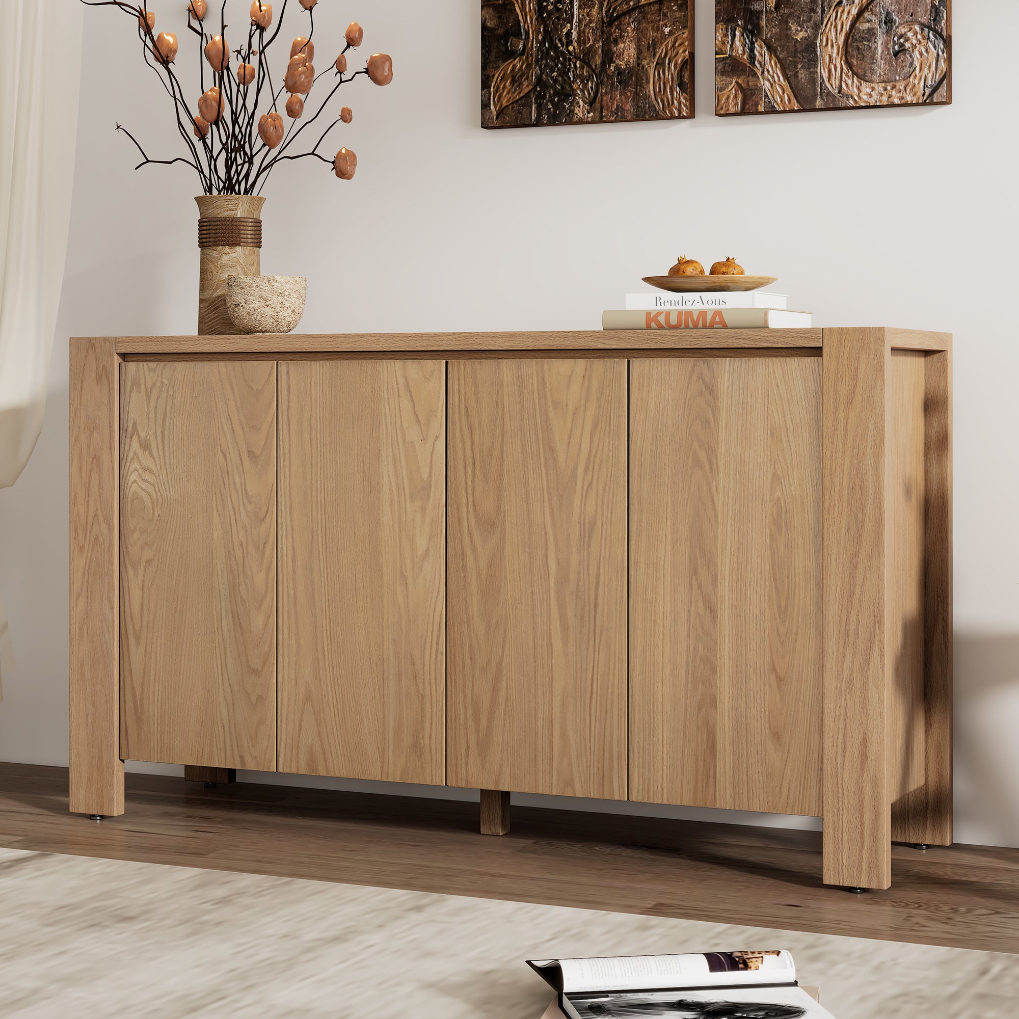 TREXM Retro 4-door Sideboard with Distressed Finish and Adjustable Shelves for Dining Room, Kitchen, and Living Room (Natural)