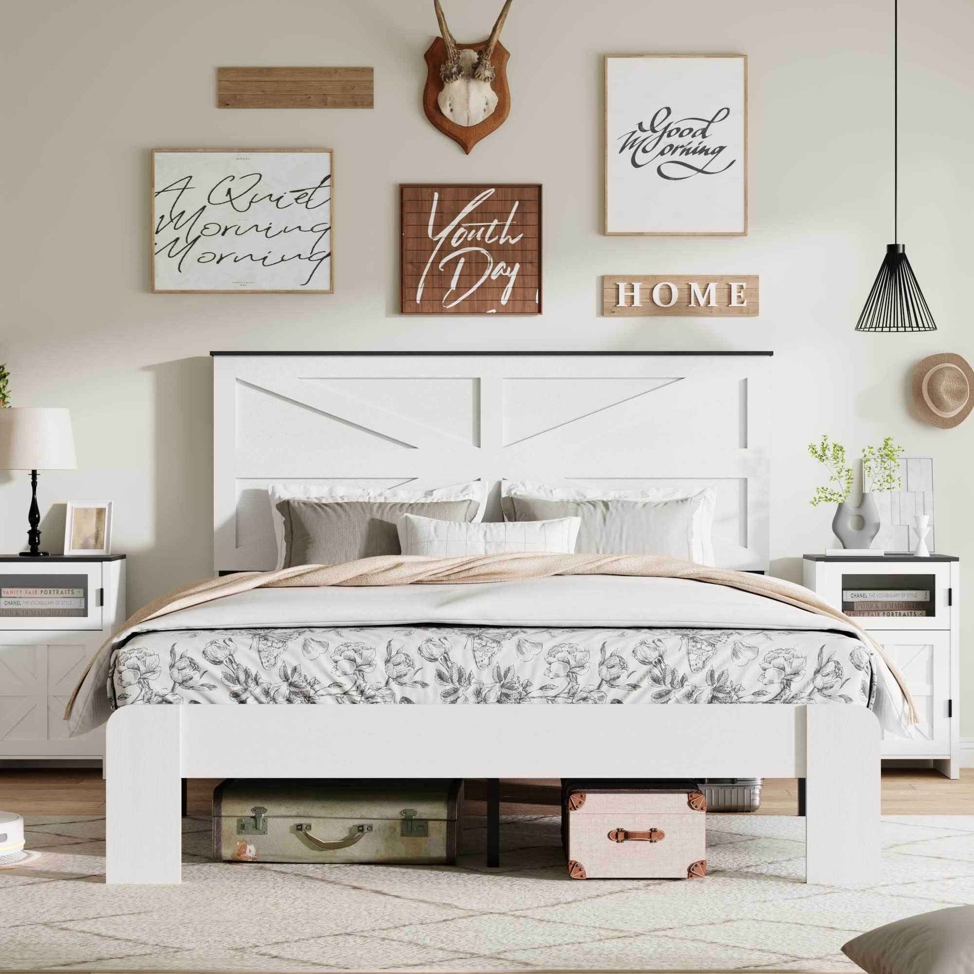 King Bed Frame Headboard , Wood Platform Bed Frame , Noise Free,No Box Spring Needed and Easy Assembly Tool,Large Under Bed Storage,White