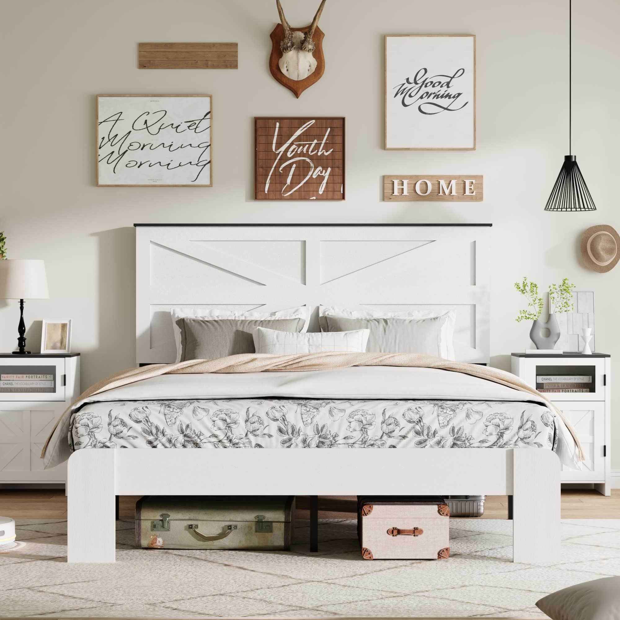 King Bed Frame Headboard , Wood Platform Bed Frame , Noise Free,No Box Spring Needed and Easy Assembly Tool,Large Under Bed Storage,White