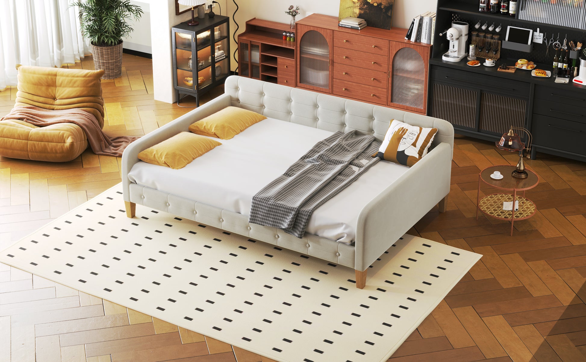 Full Size Upholstered Daybed with 4 Support Legs,White - Abrihome