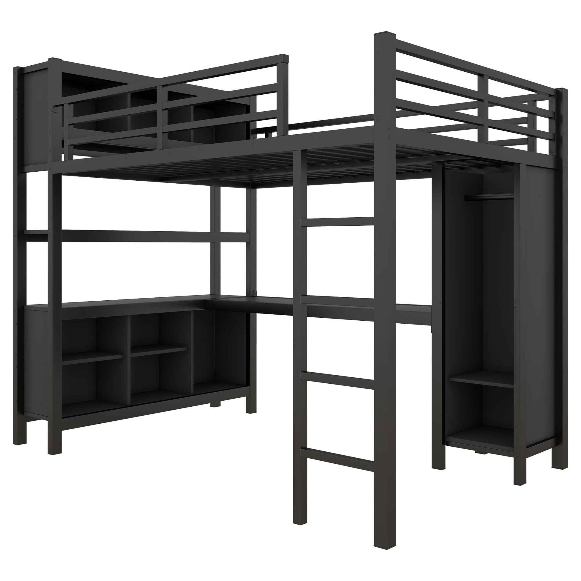 Metal Loft Bed with Wardrobe And L-shaped Desk, Full Size Loft Bed with Storage Cubes and Shelves, Heavy Duty Loft Bed for Kids Teens Adults, Black