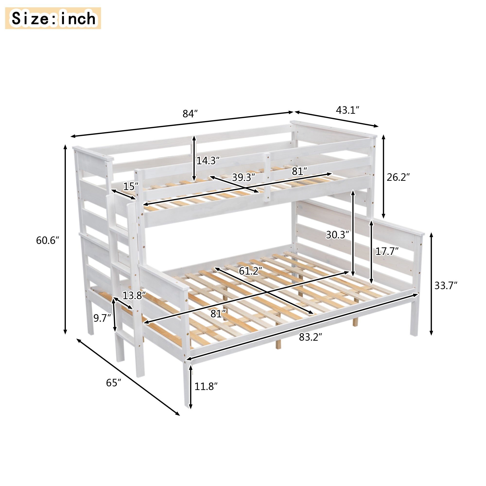 Wood Twin XL over Queen Bunk Bed with Ladder, White