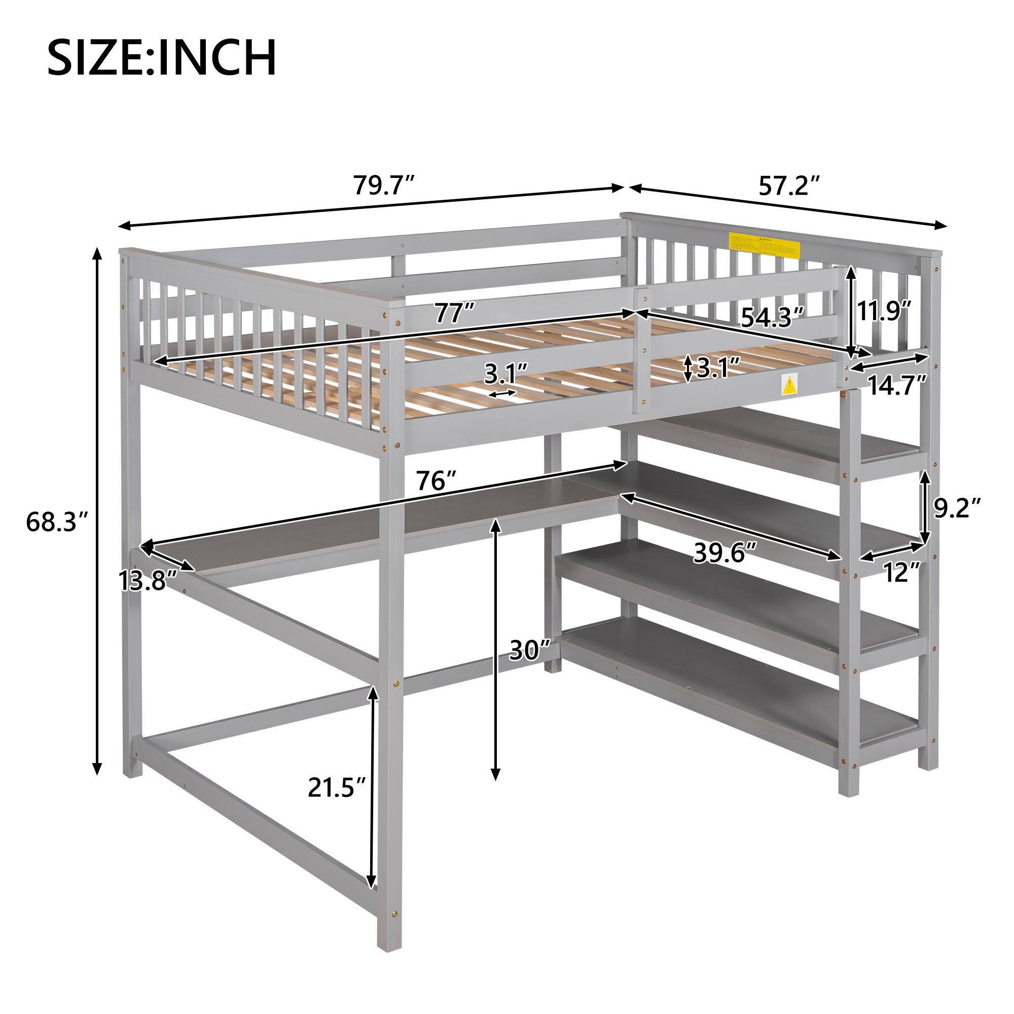 Full Size Loft Bed with Storage Shelves and Under-bed Desk, Gray(OLD SKU:SM000246AAE-1)