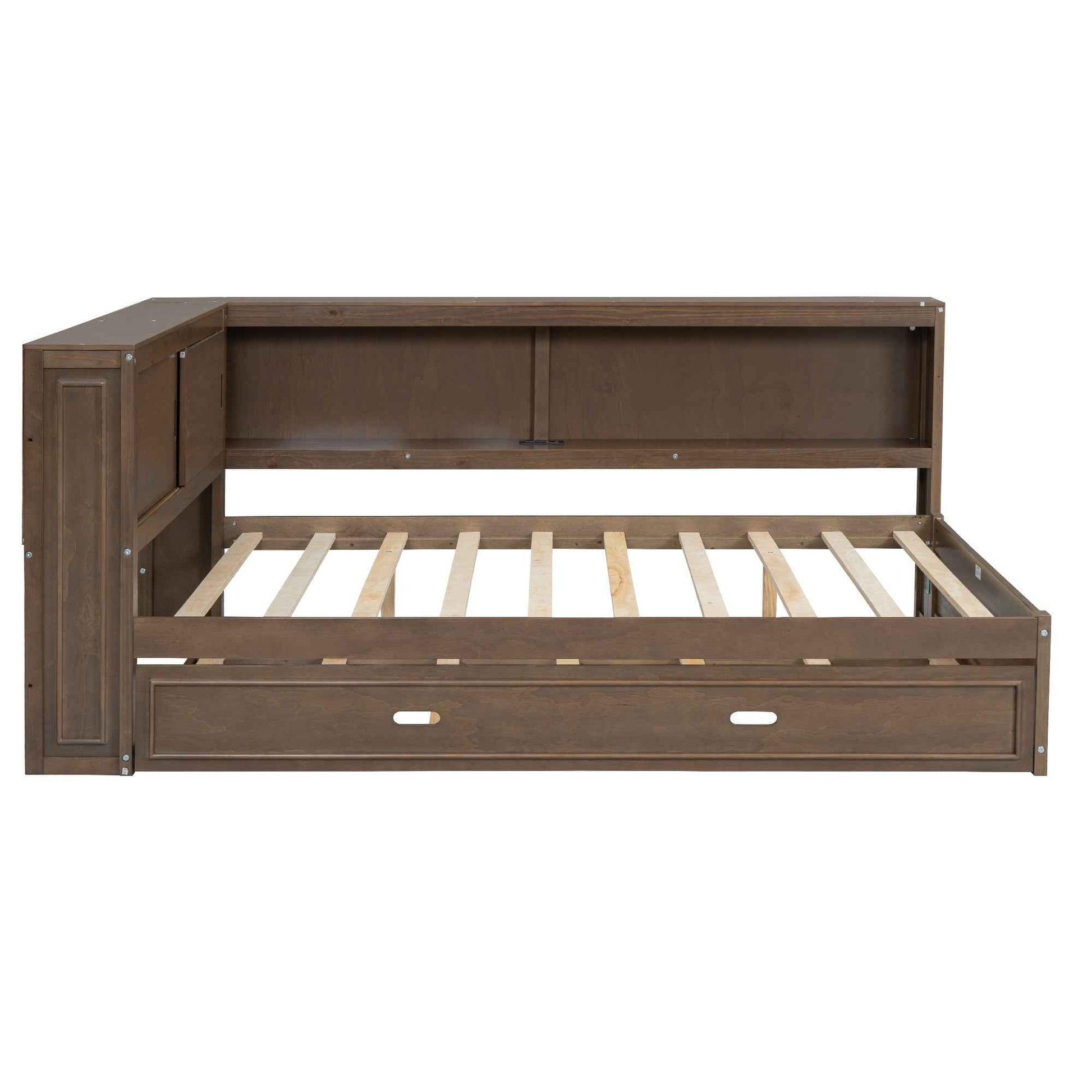 Full Size Wood Daybed with Storage Shelves, USB, LED, and Trundle in Antique Wood Color, Solid Pine Wood+MDF, 86.2''L x 65.7''W x 37.7''H