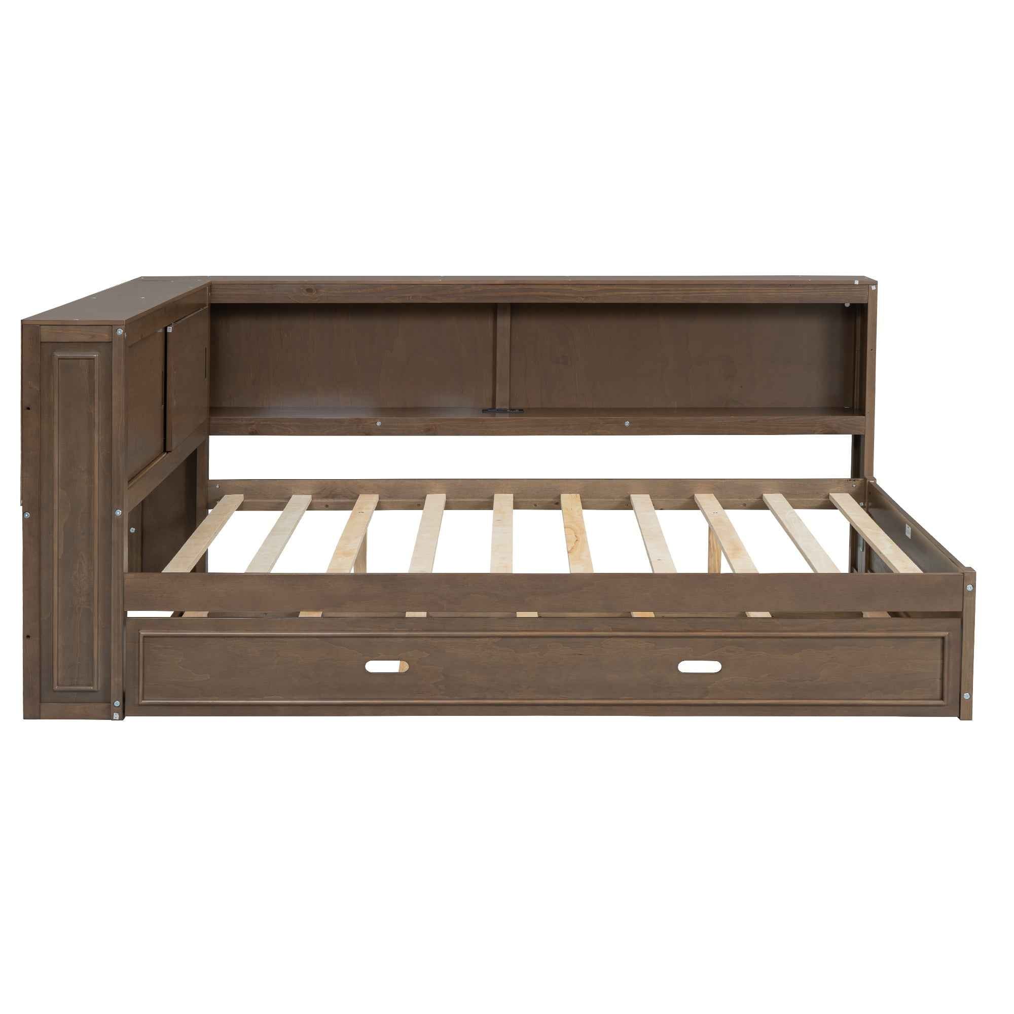 Full Size Wood Daybed with Storage Shelves, USB, LED, and Trundle in Antique Wood Color, Solid Pine Wood+MDF, 86.2''L x 65.7''W x 37.7''H