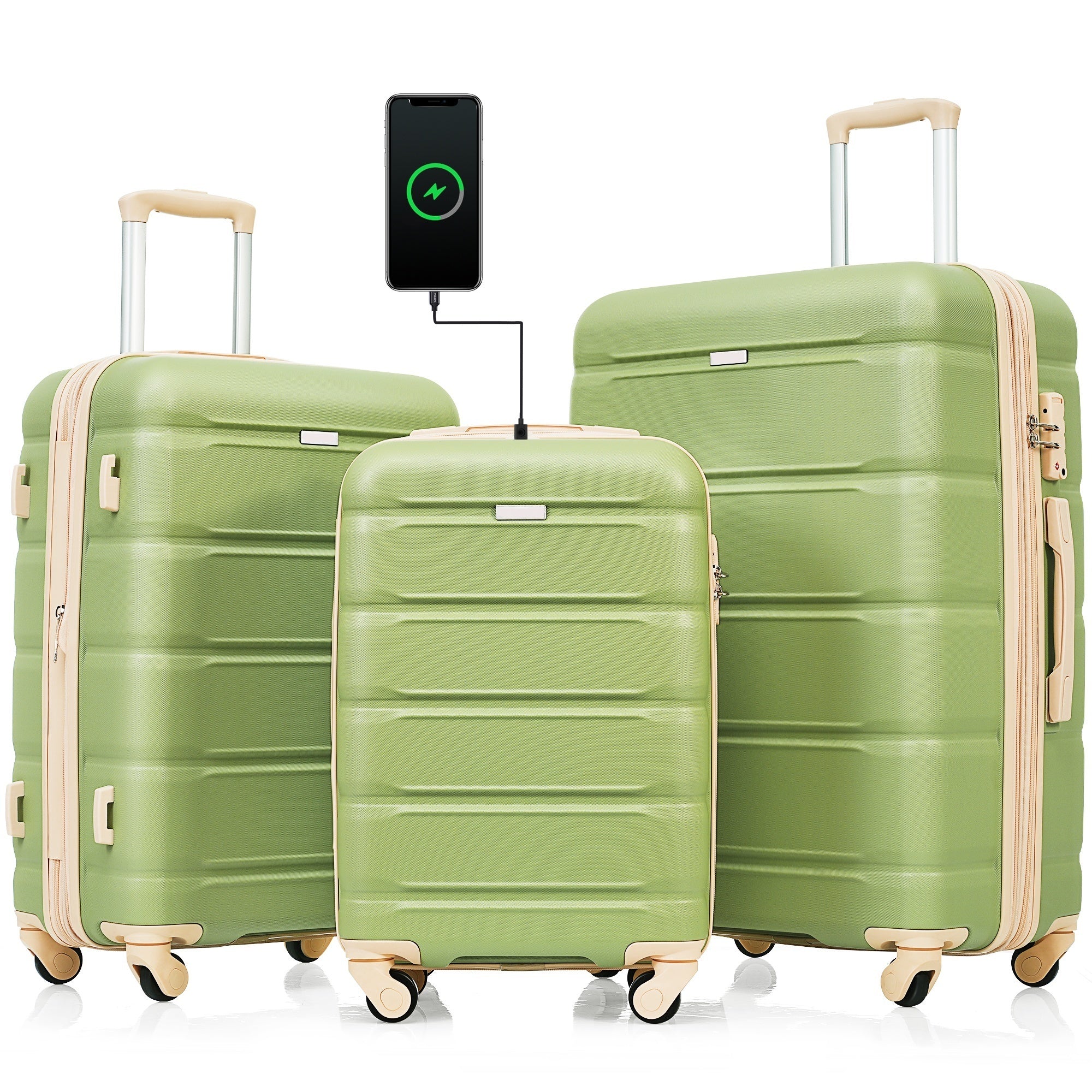 Luggage Set of 3, 20-inch with USB Port, Airline Certified Carry-on Luggage with Cup Holder, ABS Hard Shell Luggage with Spinner Wheels, light green