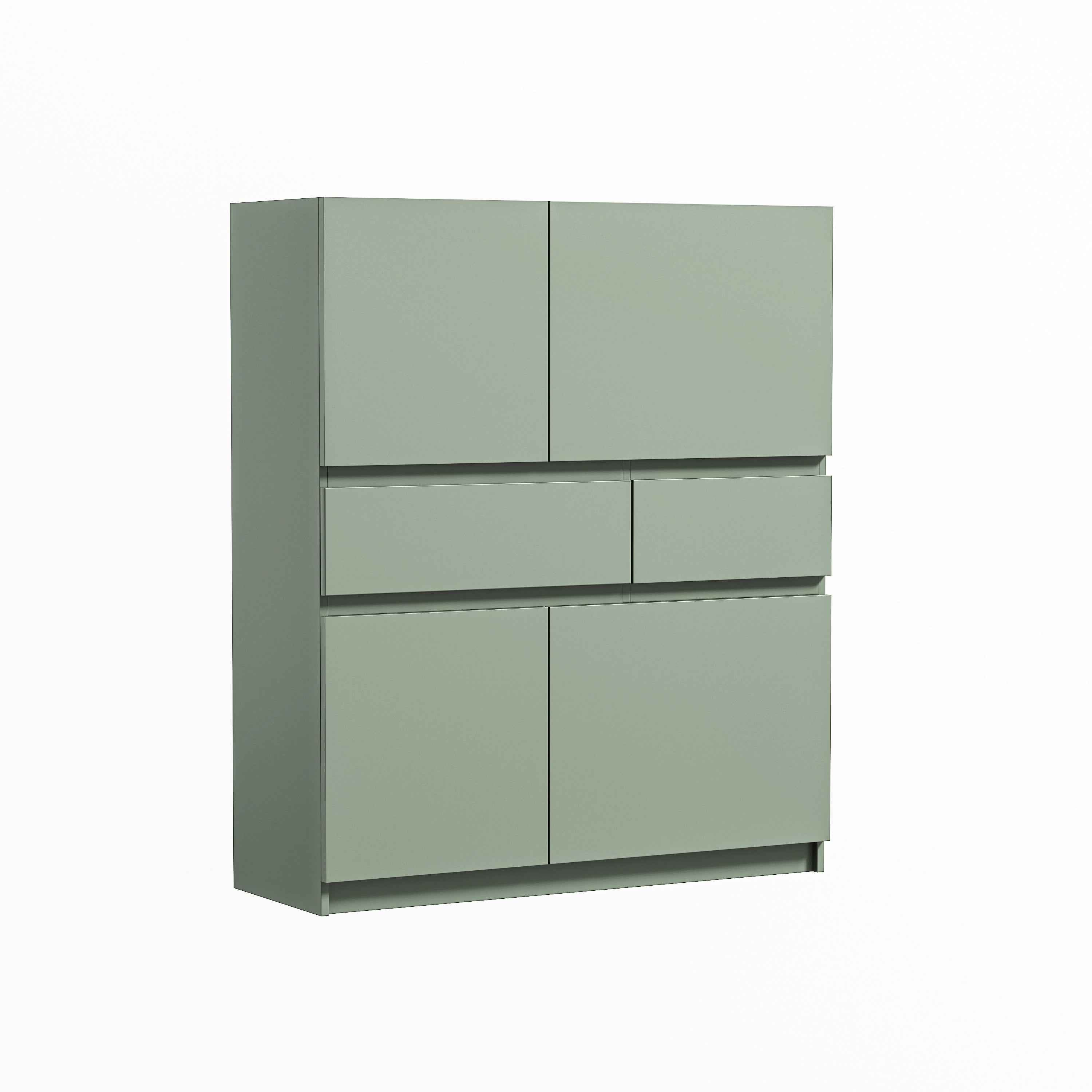 Green wooden storage cabinet with 4 doors and 2 drawers