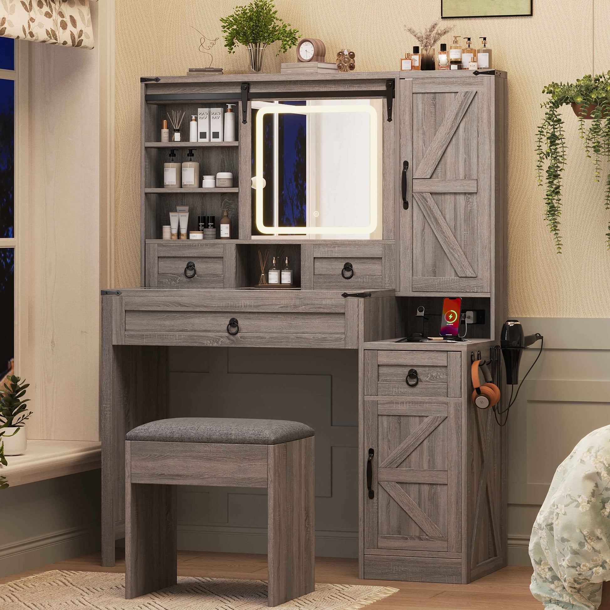 Farmhouse Vanity Desk with Sliding Mirror and Lights, Vanity Set with Glass Top and Charging Station ,Dressing Table with 4 Drawers and 2 Cabinets, Dressing Table with Stool for Bedroom, Gray