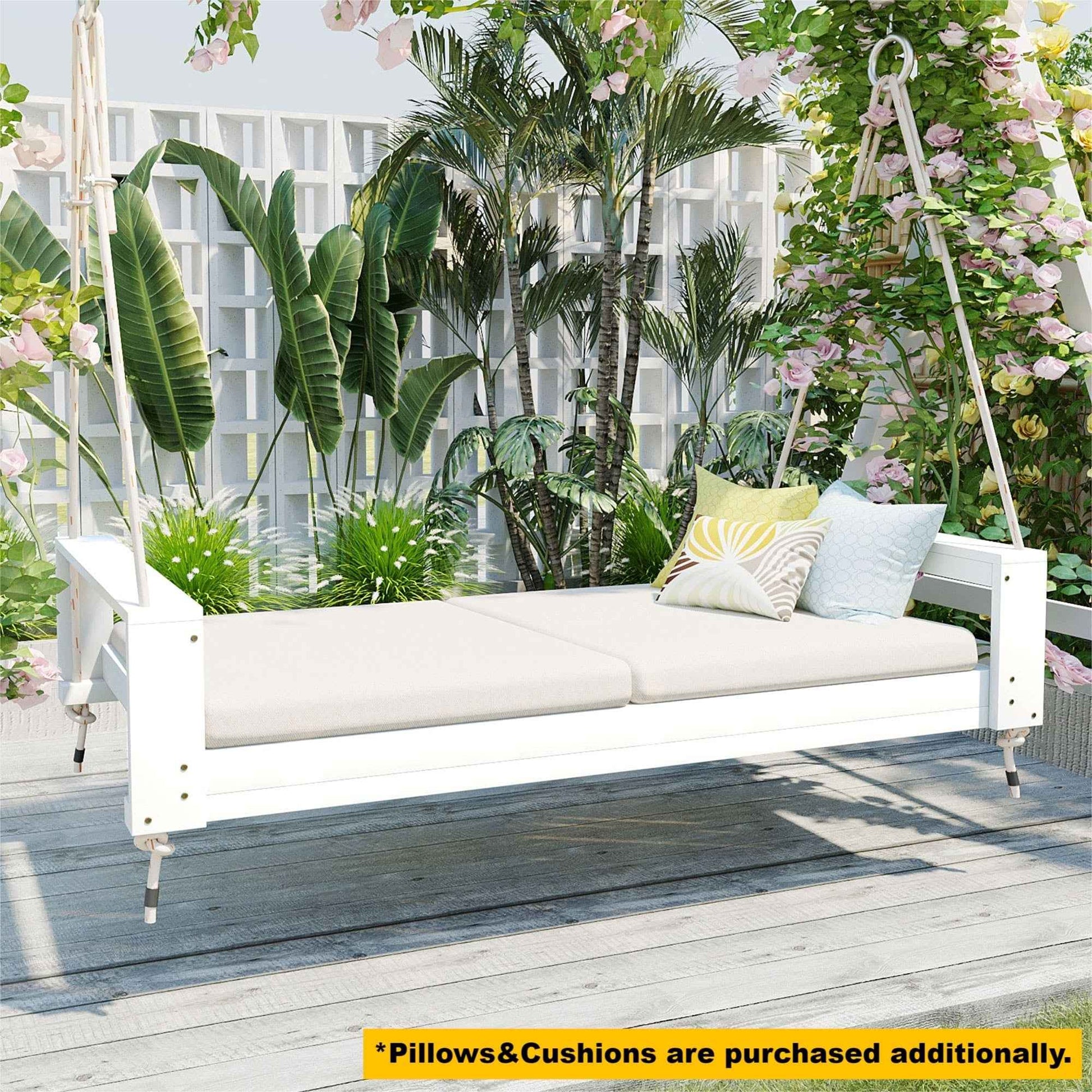 TOPMAX Twin Size Porch Swing Bed Seating Group, Patio Acacia Wood Swing Frame with Hemp Ropes for Garden, Backyard, White