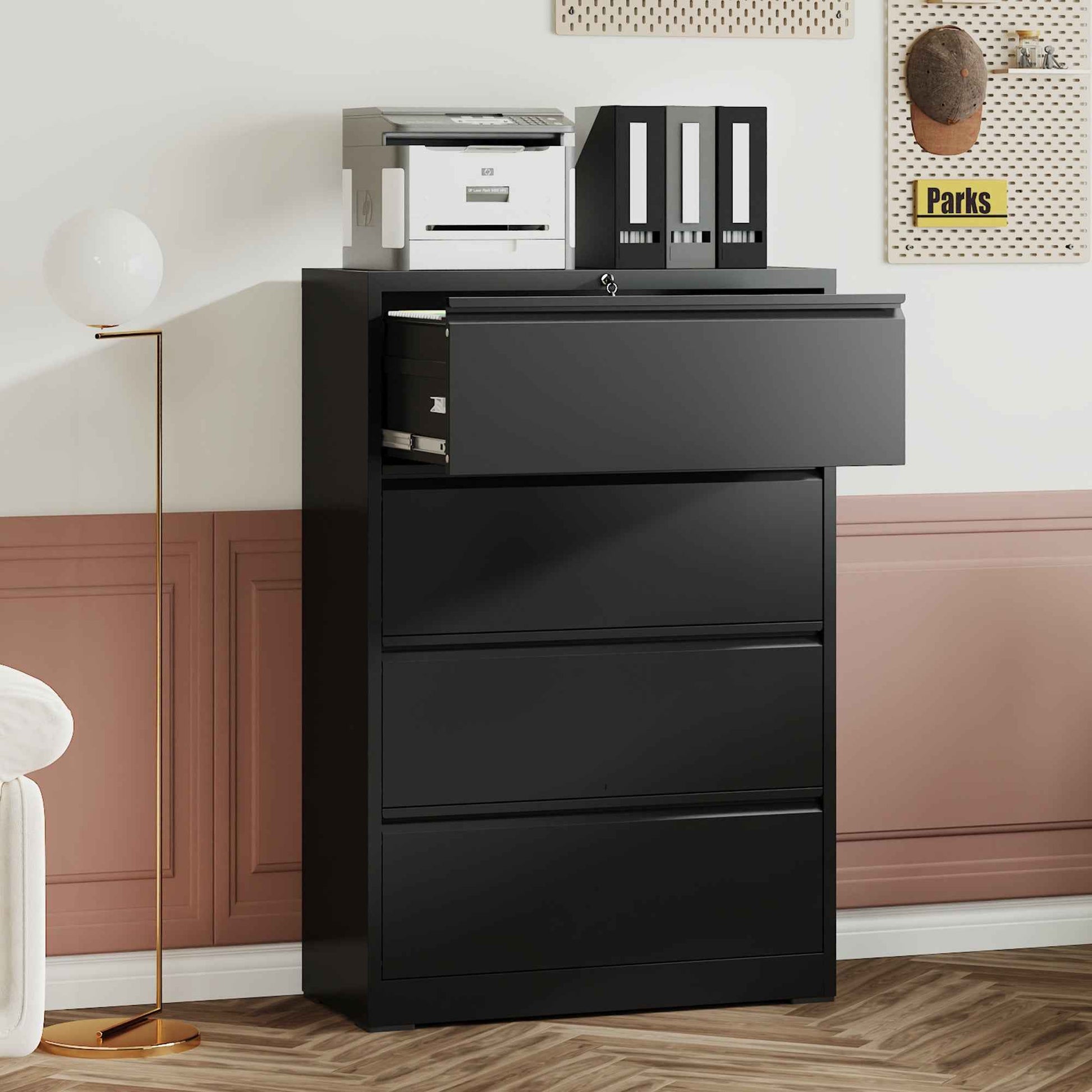 4 Drawer Lateral File Cabinet, Heavy Duty Metal Filing Cabinet in Black, Eco-Friendly Cold-Rolled Steel, 35.4 Inch Wide for Home Office, Holds Letter/Legal/A4 Files