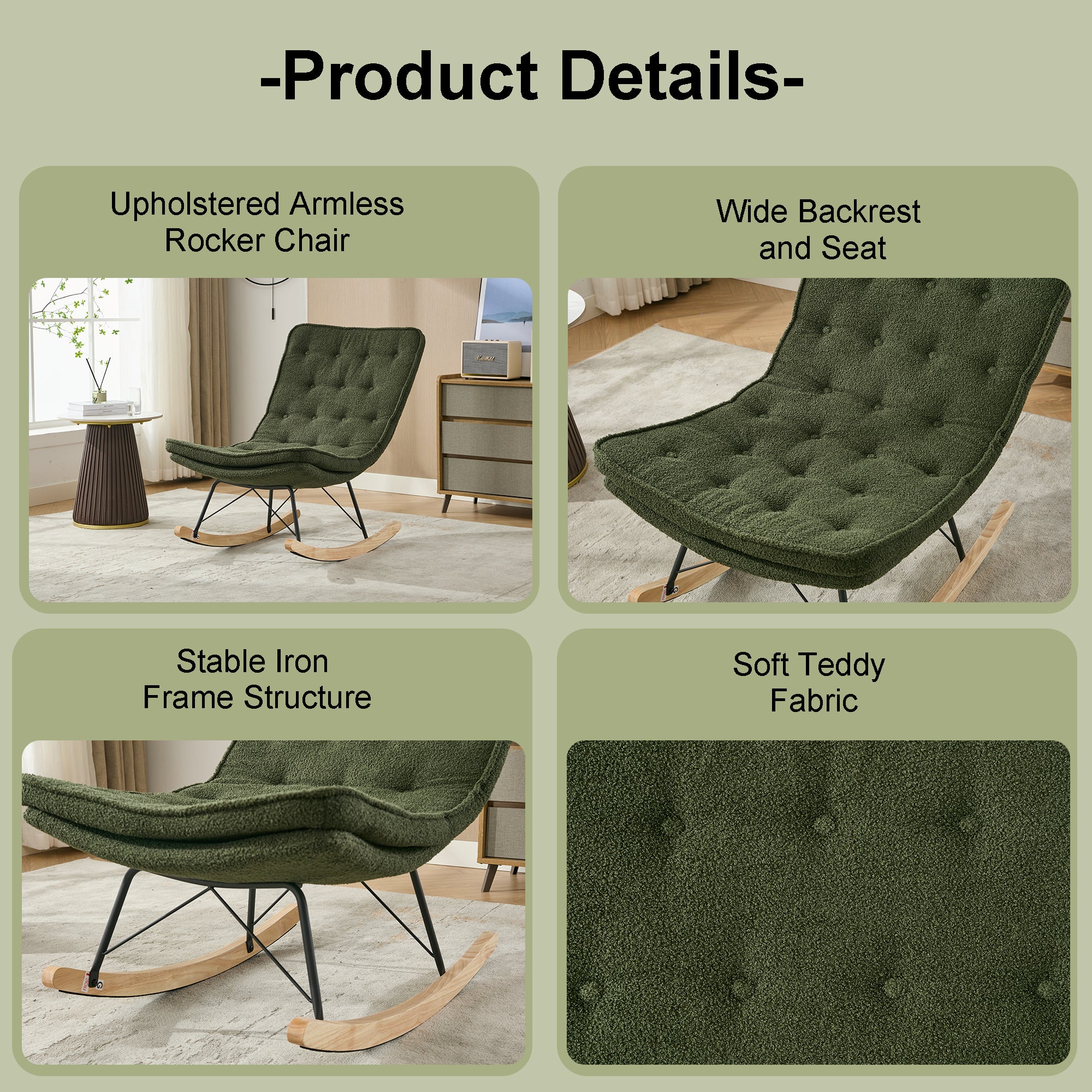 Lazy Rocking Chair,Comfortable Lounge Chair with Wide Backrest and Seat Wood Base, Upholstered Armless Rocker Chair for Living room, Balcony,Bedroom and Patio Porch. (DARK GREEN)