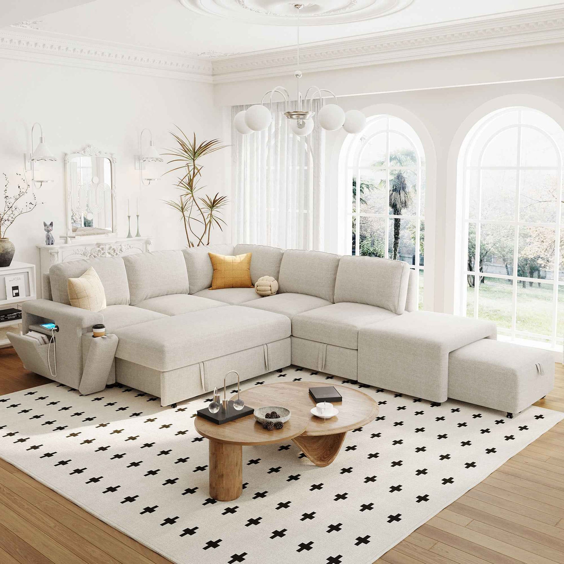 U_STYLE  L-shaped Padded Modular Sofa with Storage Space, USB Ports, and Cup Holders on the Armrests, Suitable for Living Rooms, Offices, and Apartments.