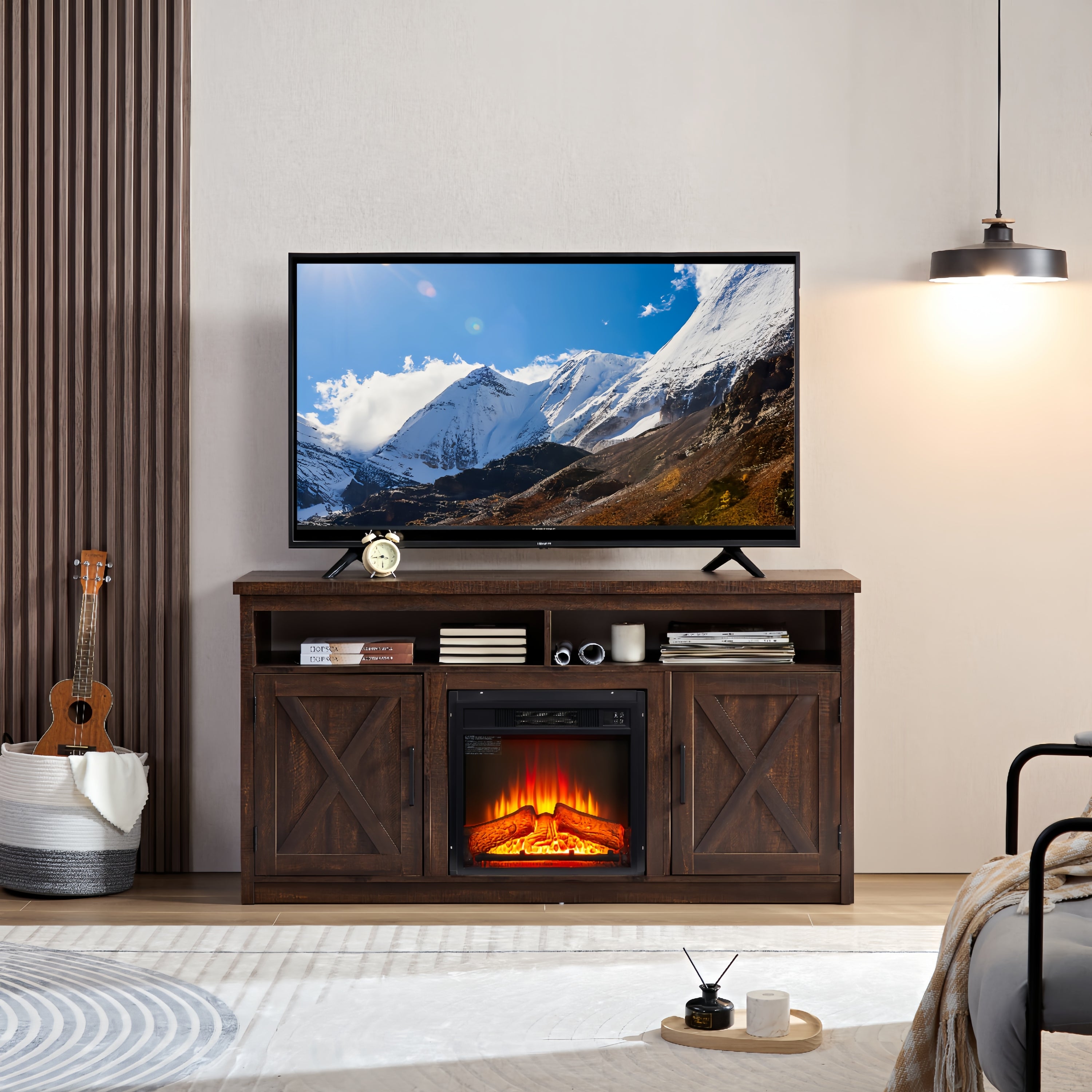 Farmhouse TV Media Stand, Large Barn Inspired Home Entertainment Console, with 18" Fireplace Insert, for TV Up to 65'', with Open Shelves and Closed Cabinets, Espresso 57.87*15.75*30.31