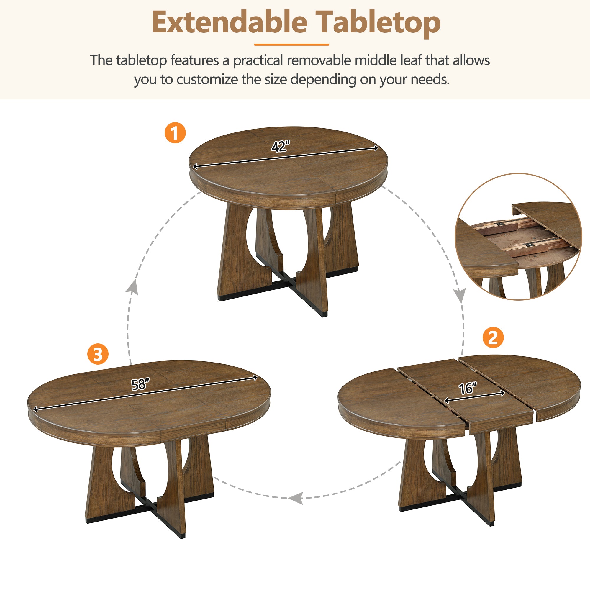 TREXM 5-Piece Retro Rustic Functional Dining Set Unique Geometric Design, 1 Extendable Table with a 16-inch Leaf and 4 Upholstered Chairs Ideal for Dining Room and Kitchen (Walnut)