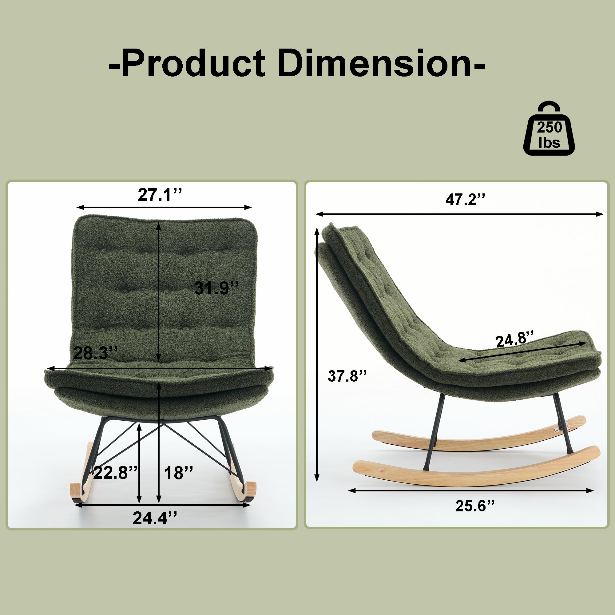 Lazy Rocking Chair,Comfortable Lounge Chair with Wide Backrest and Seat Wood Base, Upholstered Armless Rocker Chair for Living room, Balcony,Bedroom and Patio Porch. (DARK GREEN)