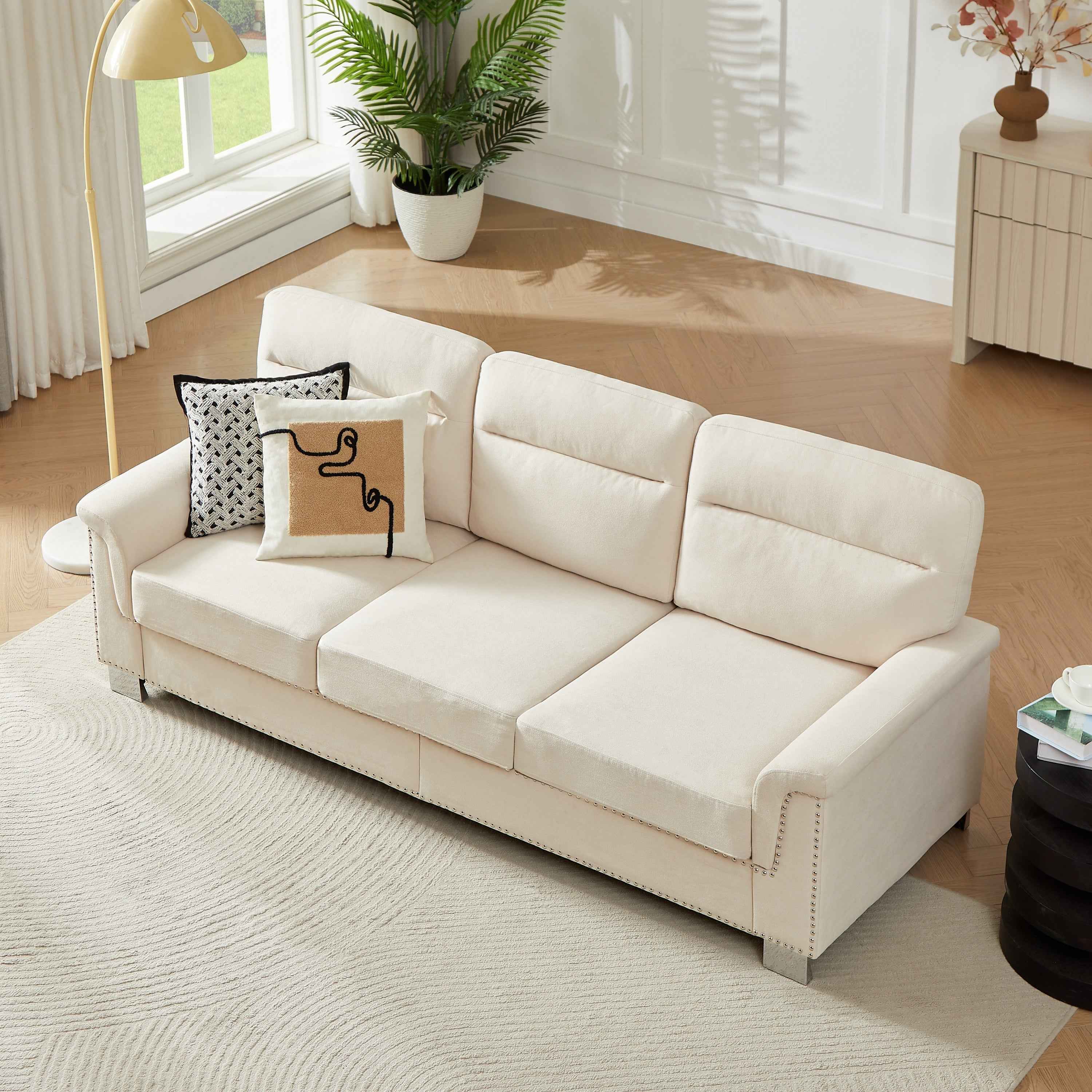 Modern Compressed Snowfleece Fabric 3-Seater Sofa in Beige, High-Density Foam Cushion with Solid Wood and Iron Frame, Ideal for Living Room, Bedroom, Office & Entertainment Spaces