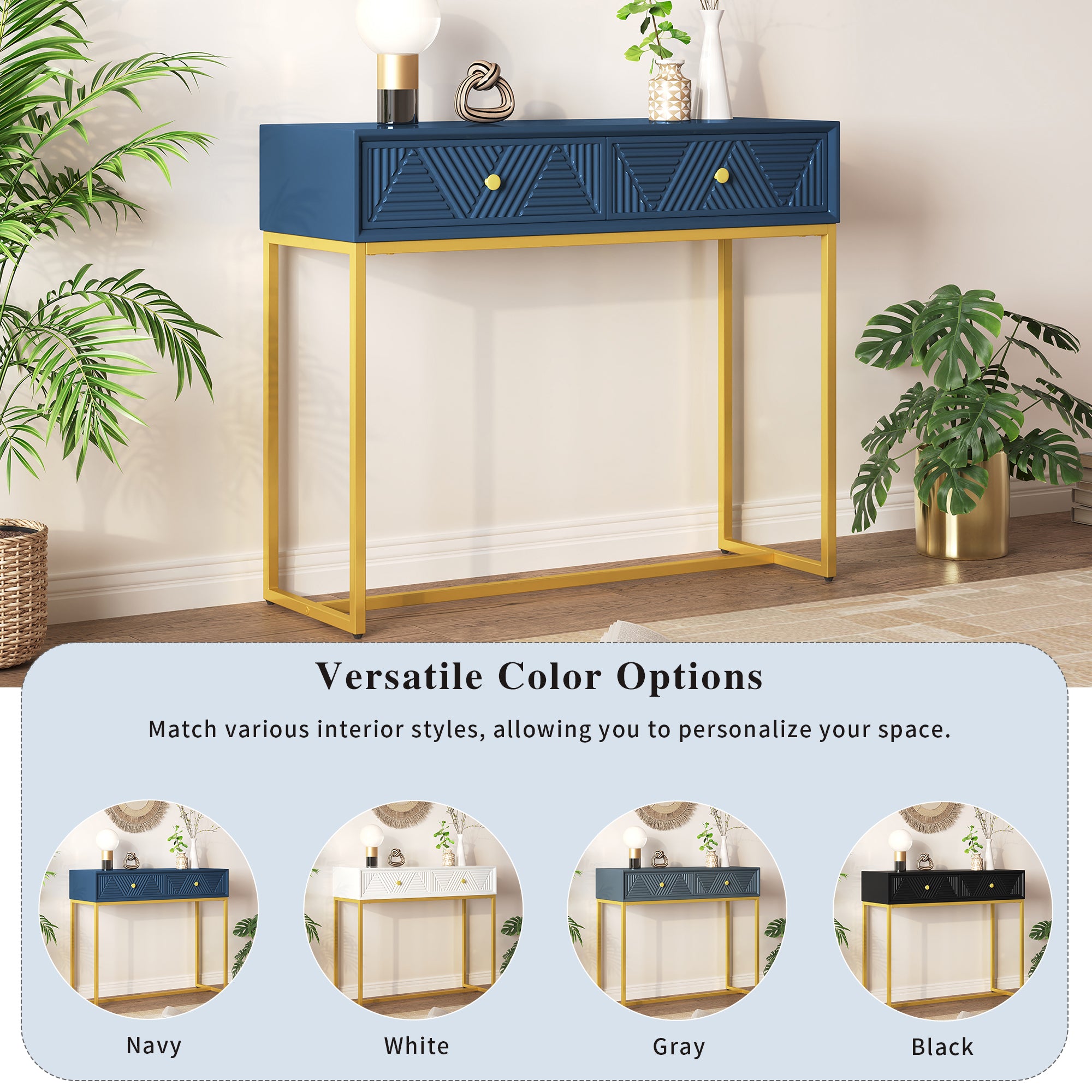 TREXM Modern Sleek Console Table Two Drawers with Stripe Design for Living Room and Entryway (Navy)