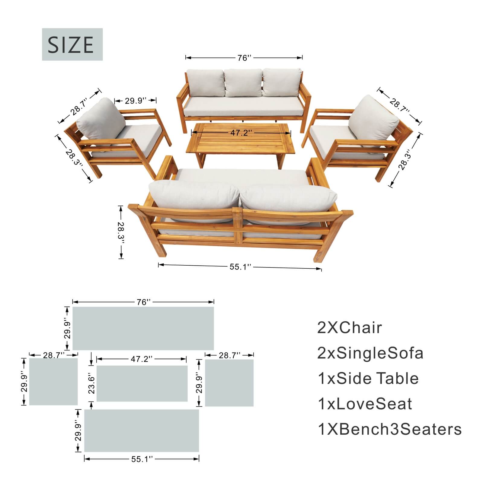 Teak-Finish Acacia Outdoor Set – 5-Piece Sofa & Table Combo with Cushions(PAS-2520-19F-3SS+2SS+SS*2+TA) - Abrihome