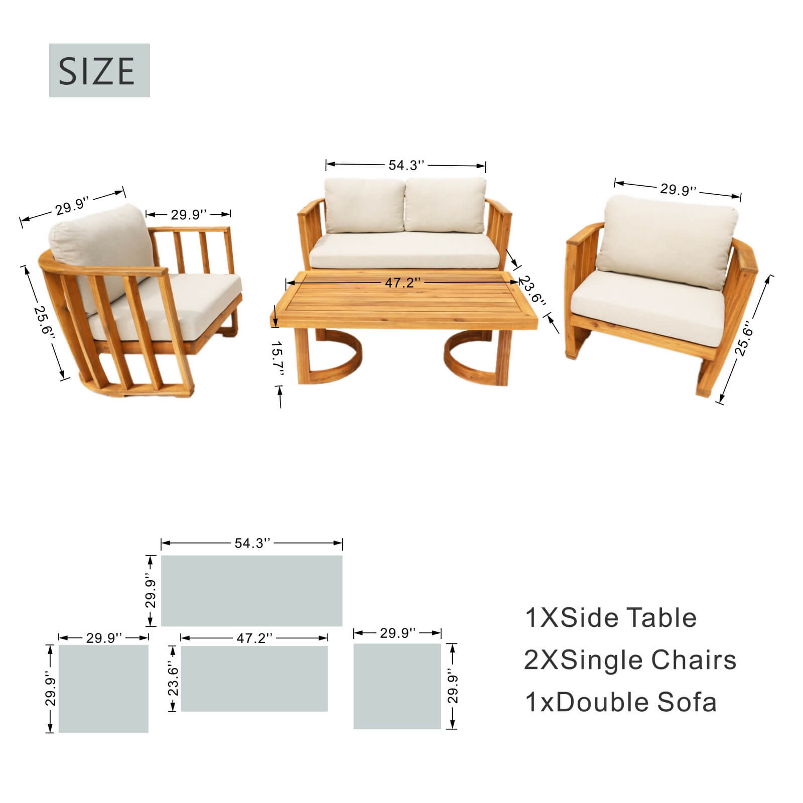 Stylish 4-Piece Acacia Wood Outdoor Sofa Set with Cushions(PAS-2521-19F-2SS+SS*2+TA) - Abrihome
