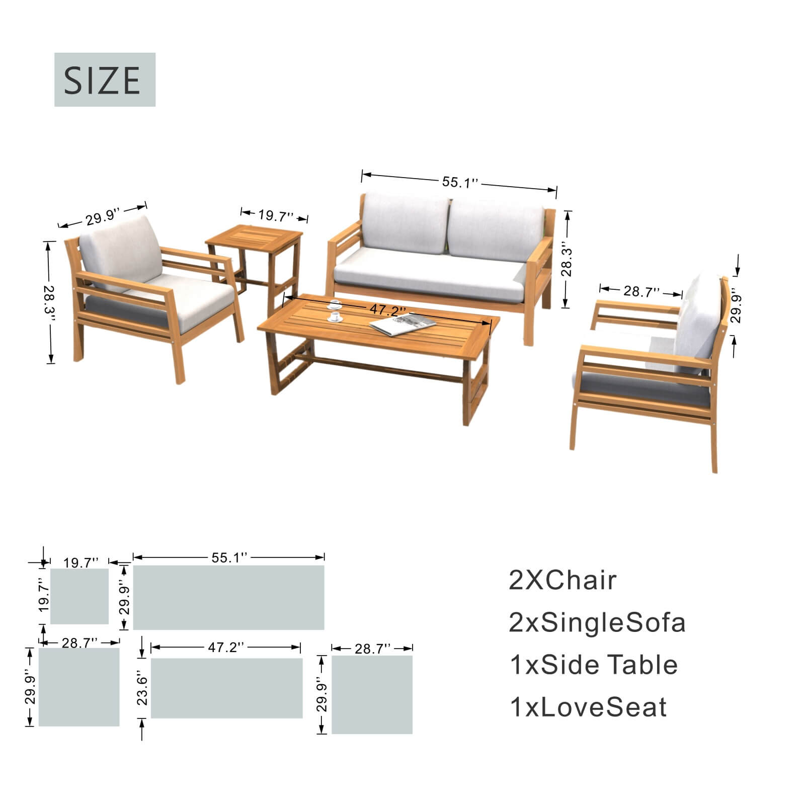 Teak-Look 5-Piece Patio Set with Plush Cushions(PAS-2520-19F-2SS+SS*2+TA+ST) - Abrihome